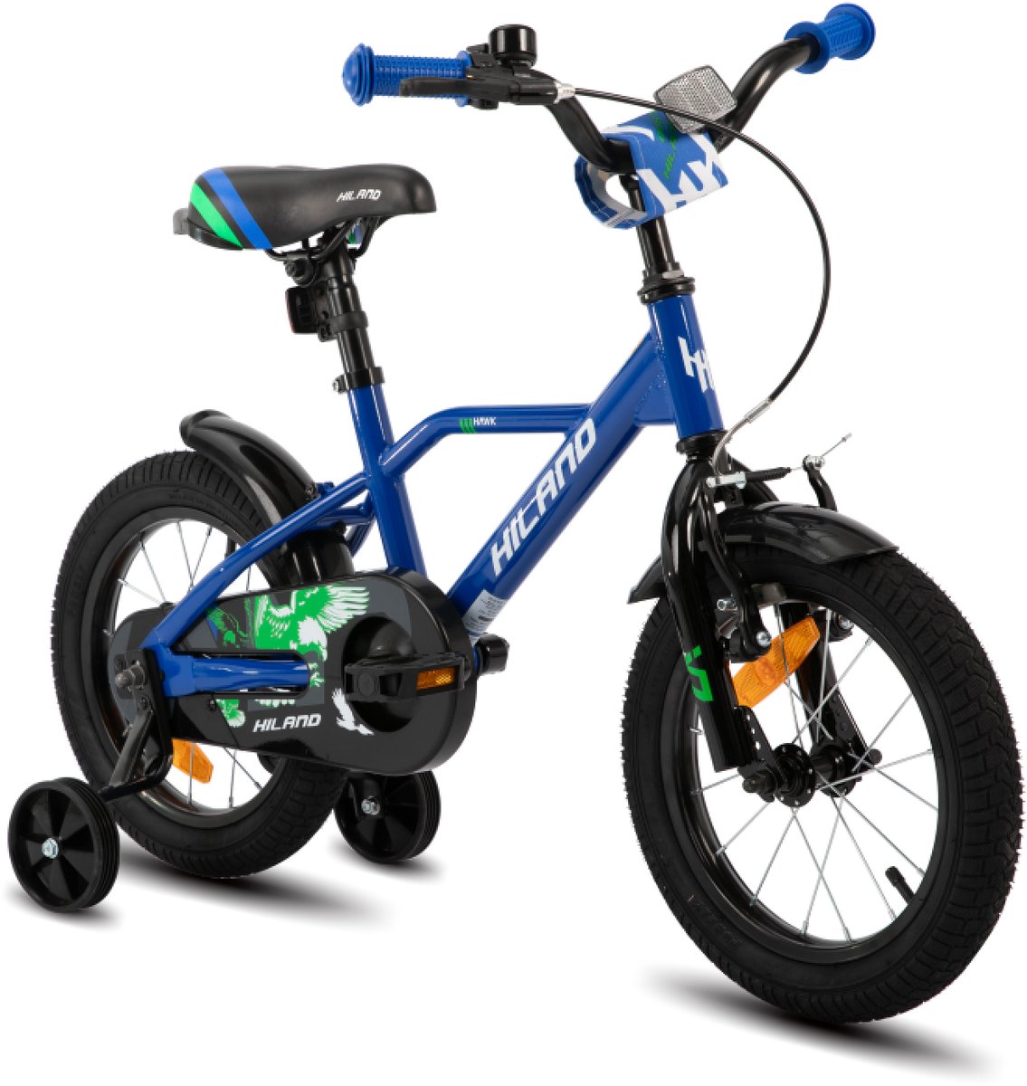 hiland stoere jongensfiets 16 inch met zijwieltjes standaard handrem terugtraprem blauw