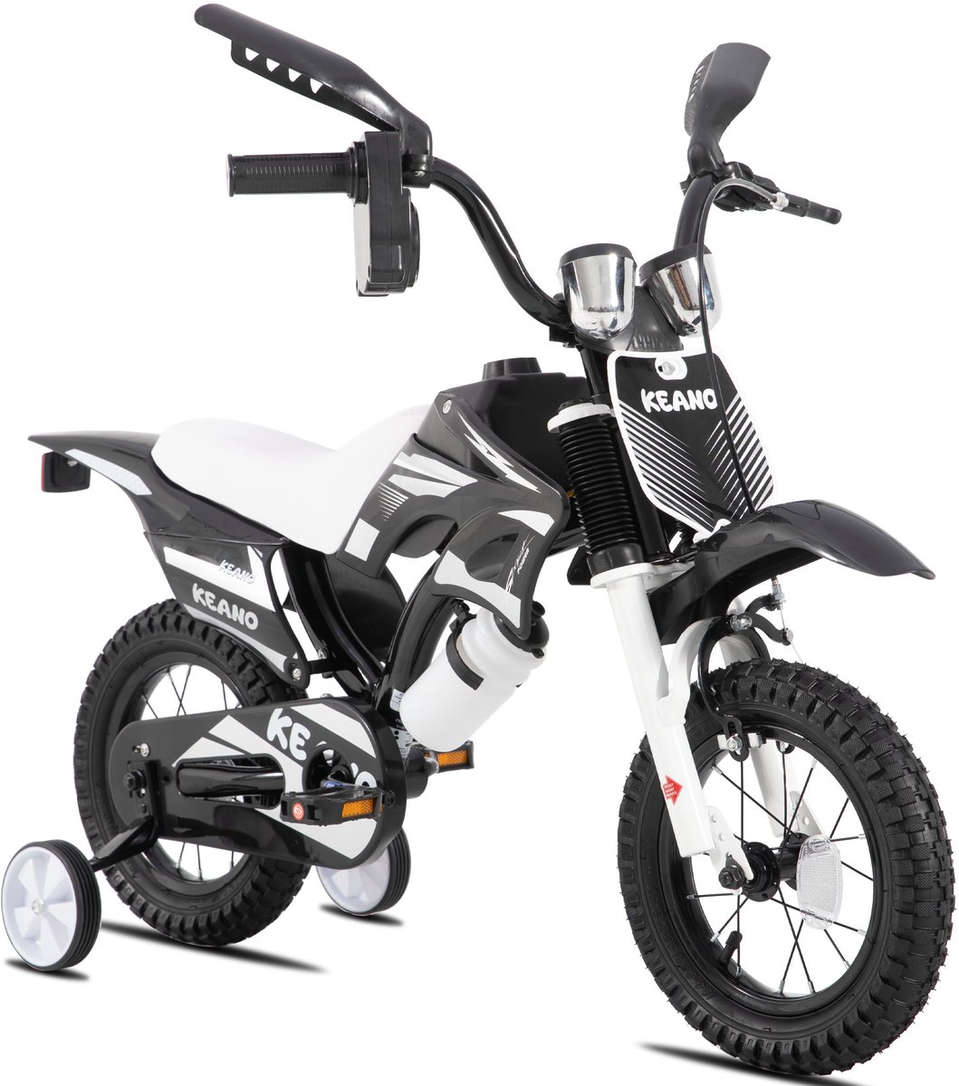 KEANO Motocross Stoere Kinderfiets - 12 Inch - Voor Jongens & Meisjes (2-4 jaar) - Met Zijwieltjes & Nummerbord - Zwart Kinderfiets kopen online
