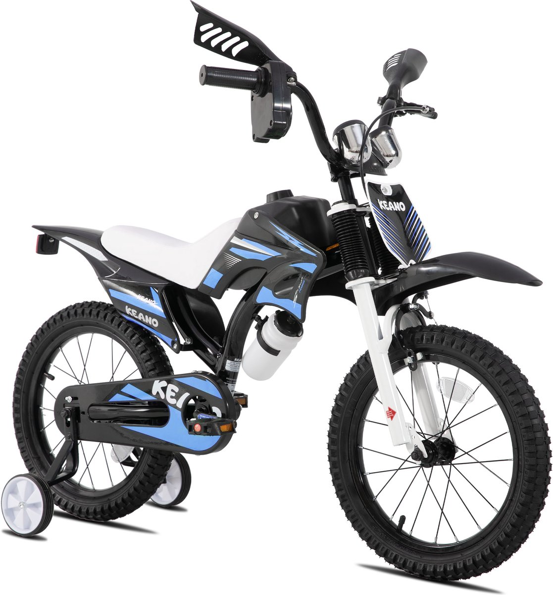 KEANO Motocross Stoere Kinderfiets - 16 Inch - Voor Jongens & Meisjes (4-7 jaar) - Met Zijwieltjes & Nummerbord - Blauw Kinderfiets kopen online