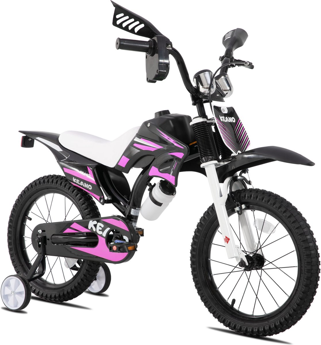 KEANO Motocross Stoere Kinderfiets - 16 Inch - Voor Jongens & Meisjes (4-7 jaar) - Met Zijwieltjes & Nummerbord - Roze Kinderfiets kopen online