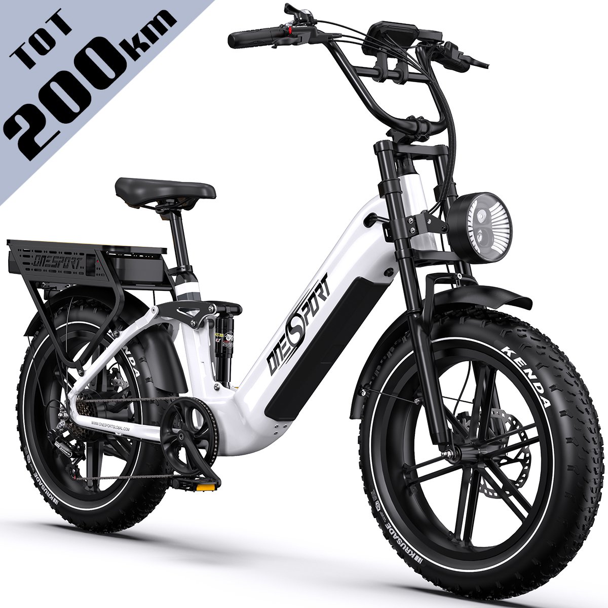 onesport elektrische fiets max 200 km bereik dual battery 1728wh uitneembare accu fatbike 20 4 0 shimano 7 speed hydraulische schijfremmen allround stads en offroadfiets wit