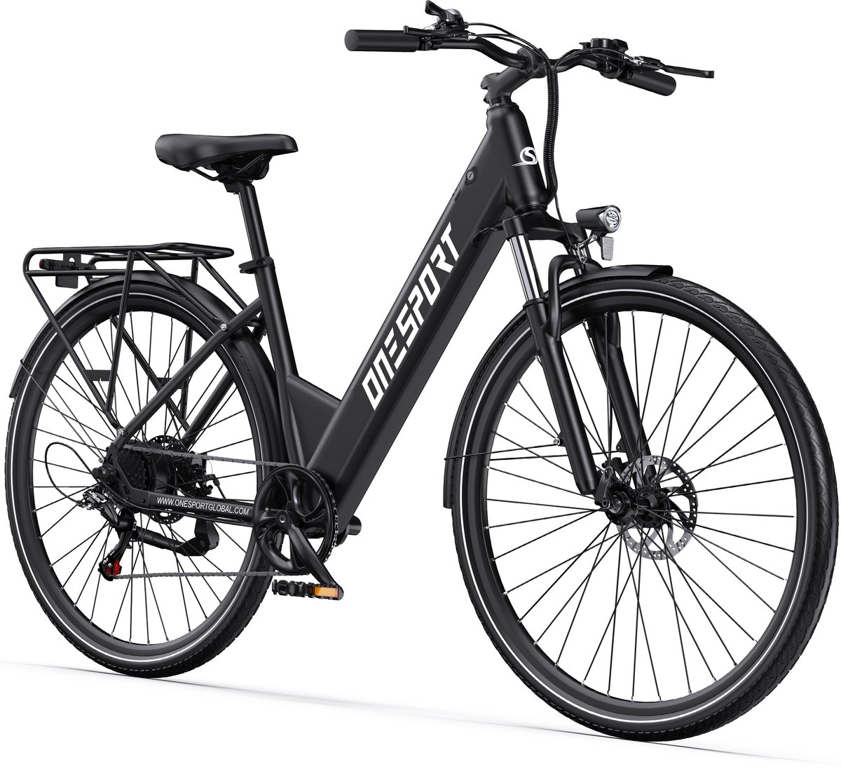 onesport elektrische stadfiets met 468wh accu max 80 km actieradius shimano 7 versnellingen hydraulische vering schijfremmen donkergrijs