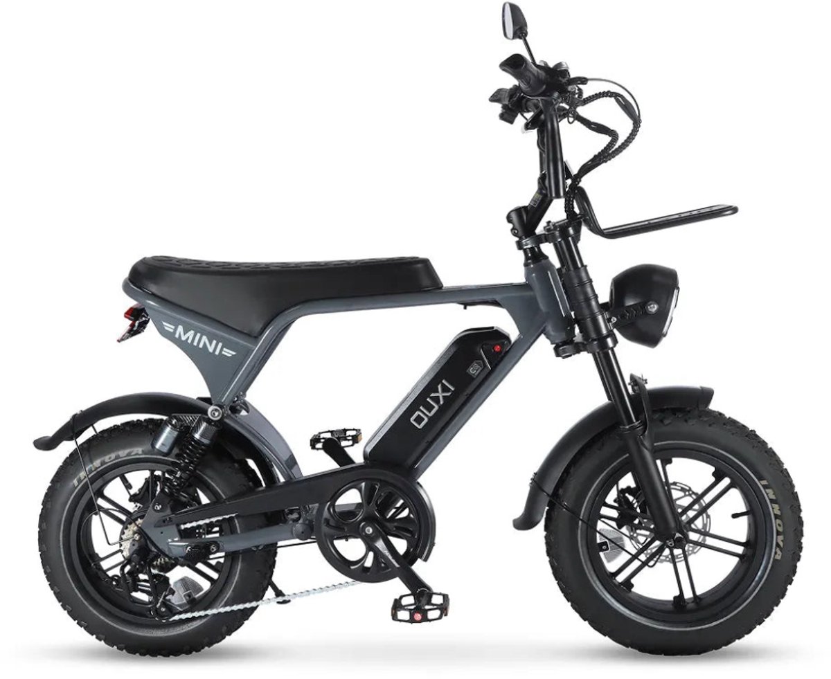 ouxi v8 ultra mini elektrische fatbike ingebouwd alarmsysteem inclusief voetsteuntjes inclusief voorrekje 16 inch 250w motor 7 versnellingen 50 km actieradius mechanische schijfremmen grijs