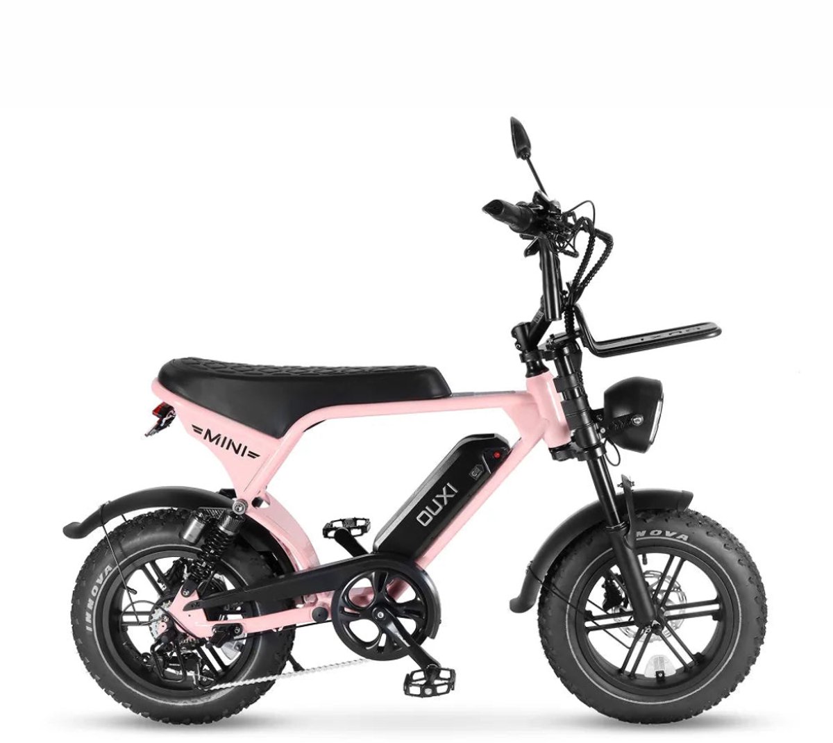 ouxi v8 ultra mini elektrische fatbike ingebouwd alarmsysteem inclusief voetsteuntjes inclusief voorrekje 16 inch 250w motor 7 versnellingen 50 km actieradius mechanische schijfremmen roze