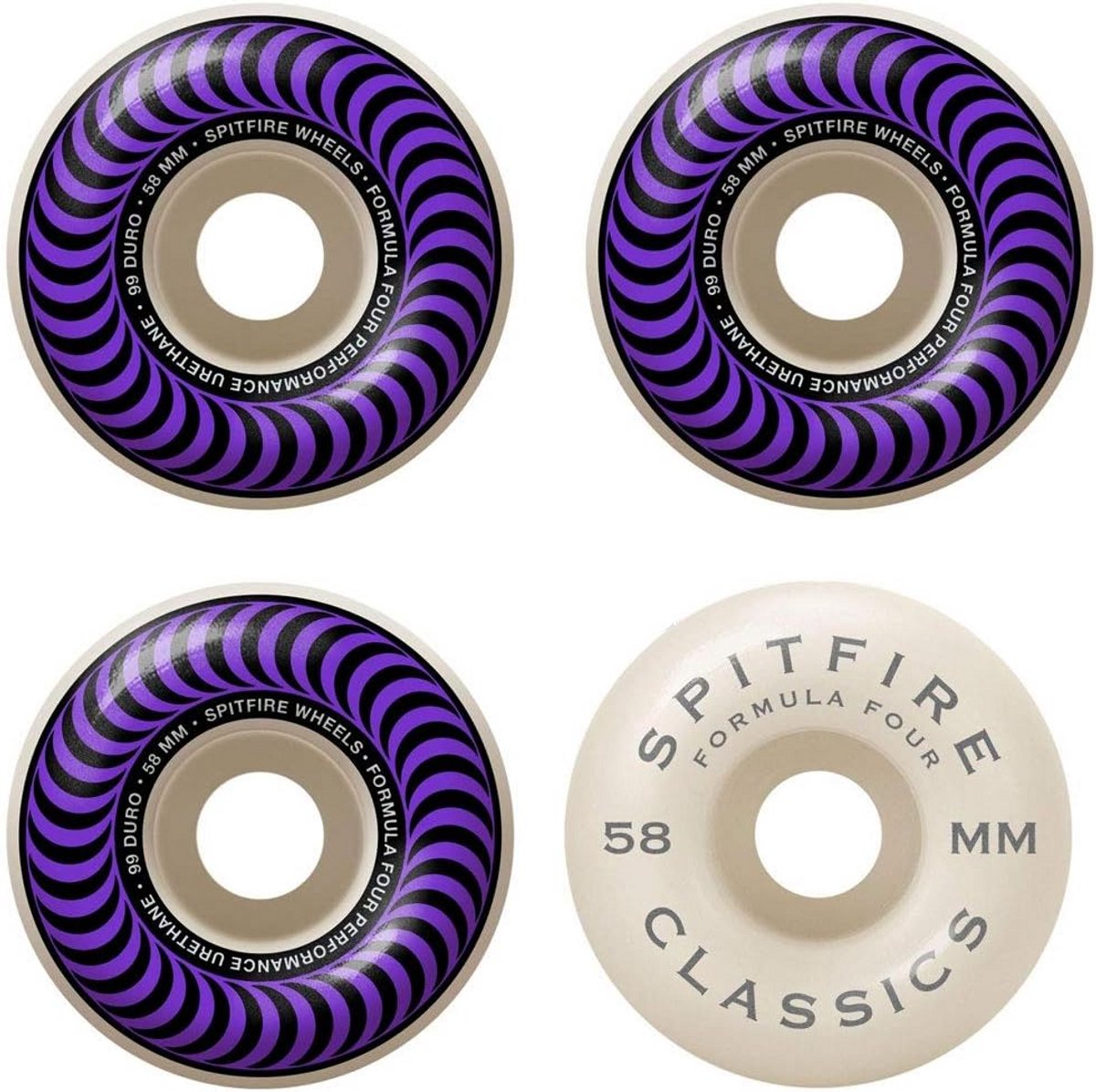 set van 4 skateboard wielen 58mm 99a wit paars classic design