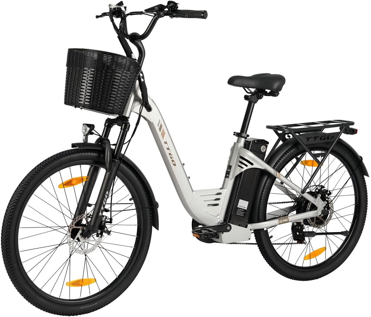 TTGO C2 PRO Elektrische Fiets - 250W Motor - 36V18Ah Accu - 26x1.95" Banden - Max Snelheid 25km/u - Max Bereik 80-120km - Shimano 7 Versnellingen - Zilver Fiets (elektrisch) kopen online