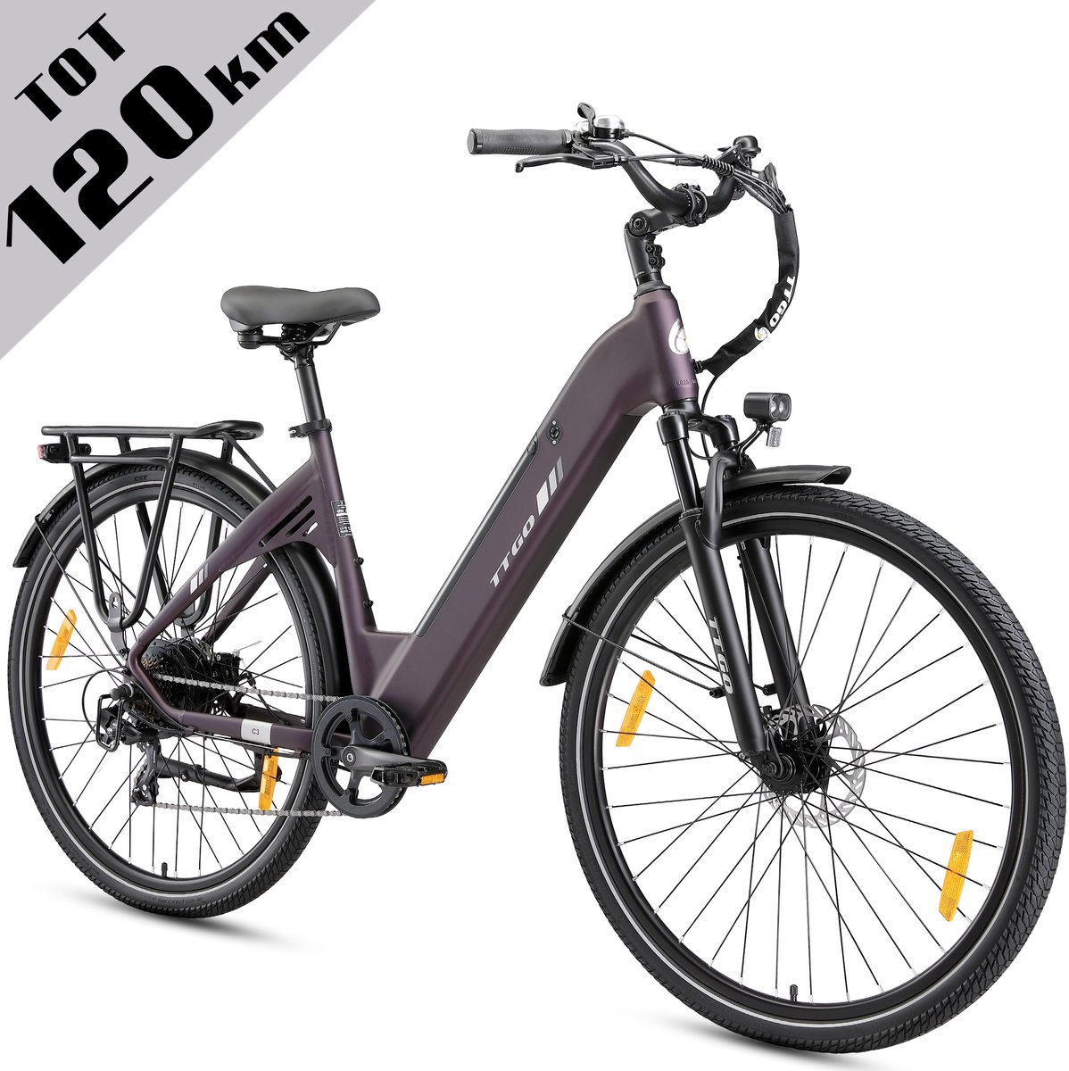 TTGO Elektrische Fiets C3 SE - 28 Inch E-Bike Stadsfiets - 18Ah Accu tot 120 km Bereik - Shimano 7 Speed- Aluminium Frame - Lila Fiets (elektrisch) kopen online