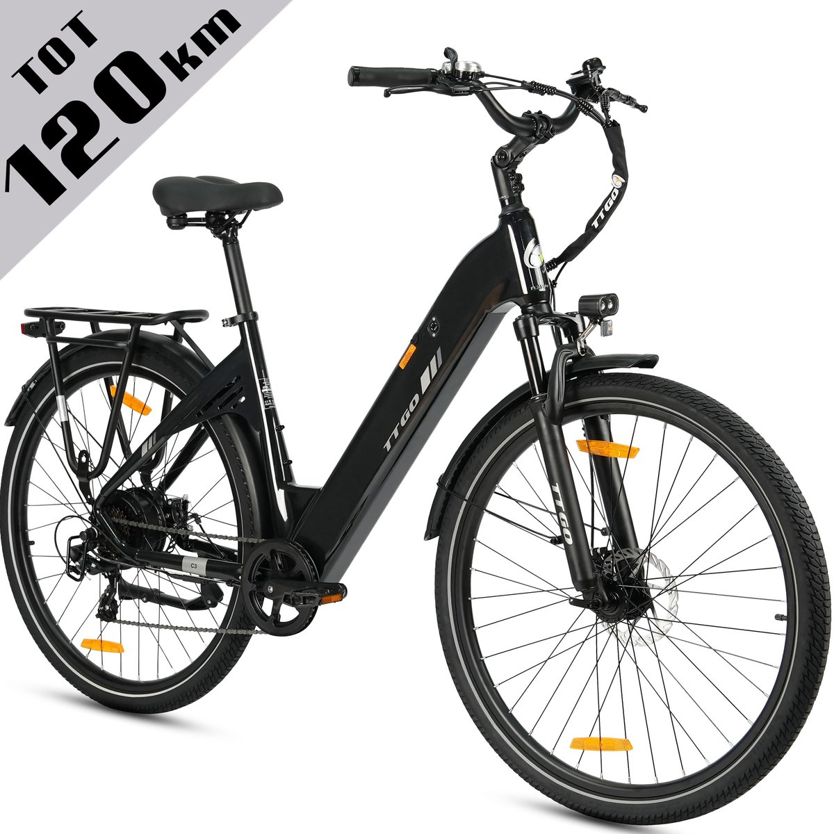 ttgo elektrische fiets c3 se 28 inch e bike stadsfiets 18ah accu tot 120 km bereik shimano 7 speed aluminium frame zwart