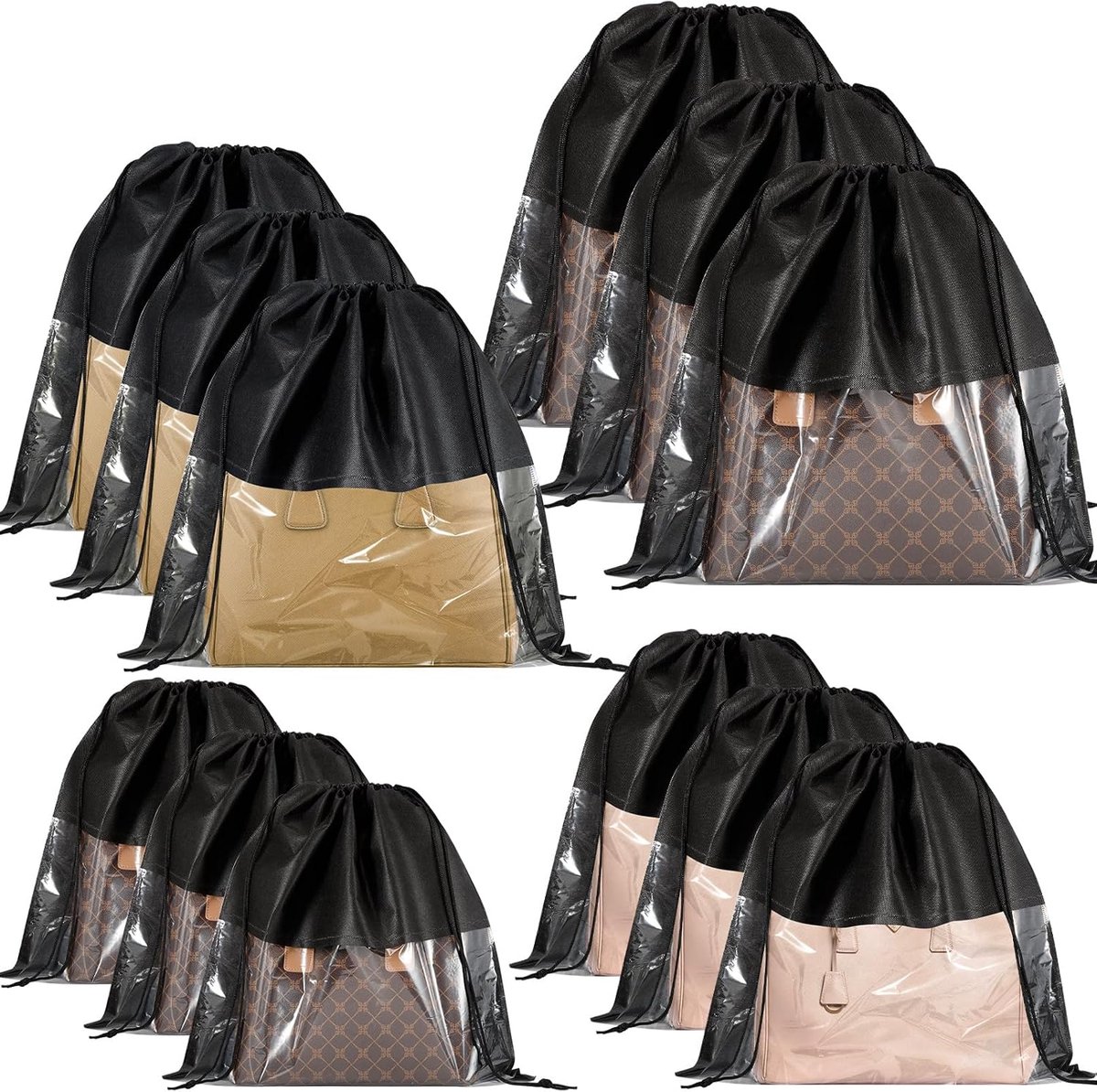 12 delige set stofzakken voor handtassen stofwerende opbergzakken met trekkoord non woven opbergzakken voor schoenen kleding en reisbenodigdheden zwart 4 maten