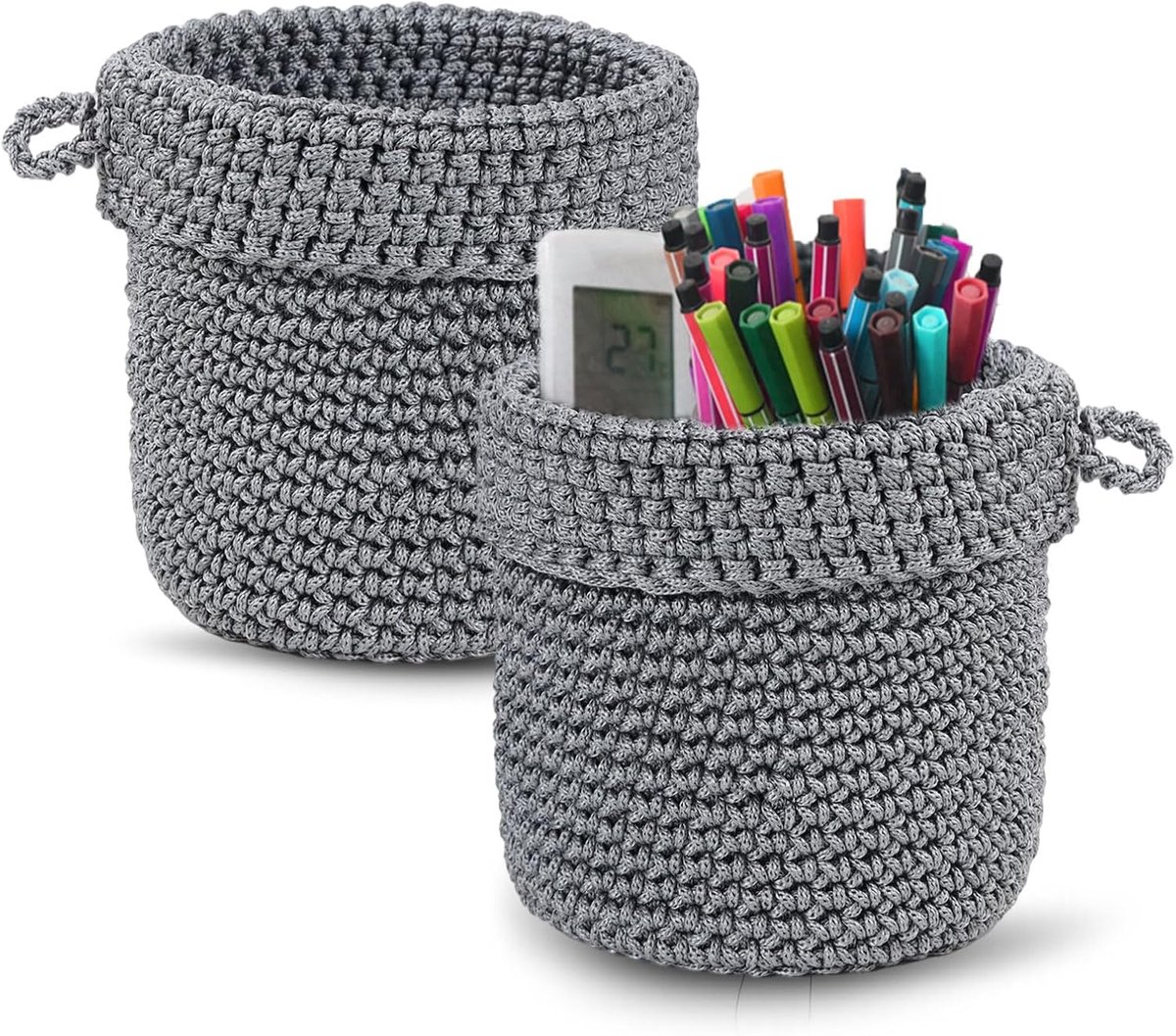 2 delige hangende wandmand katoenen touw opbergmand met handvat handgeweven hangende plantenmand organizer voor planten keuken badkamer woondecoratie 13 x 14 cm grijs