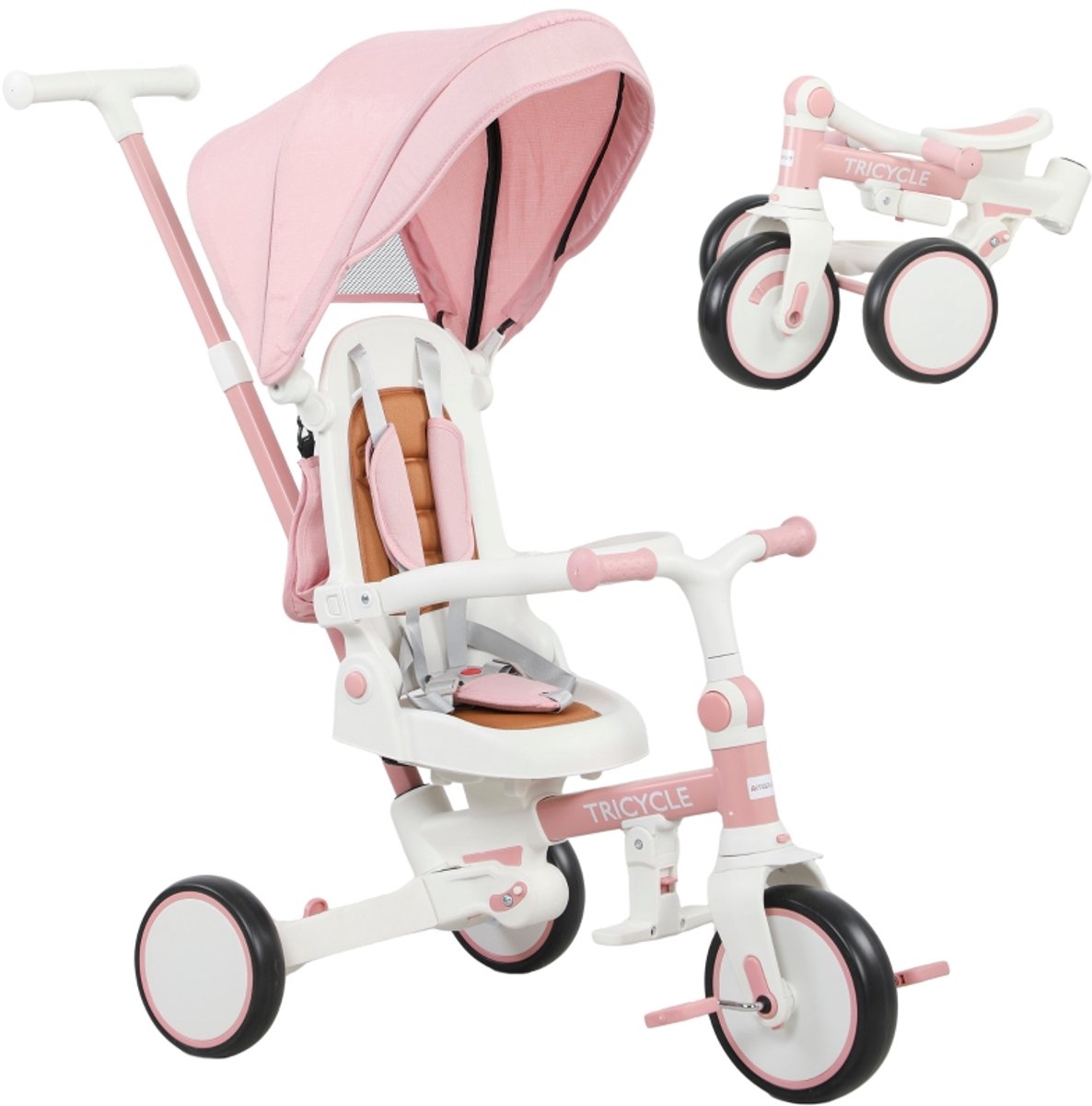 5-in-1 Kinder Driewieler – Duwbare Buggy – Afneembare Duwstang – Verstelbaar Zonnedak – 5-Punts Veiligheidsgordel – Opbergtas – Voor Kinderen van 1-3 Jaar – Roze Driewieler kopen online