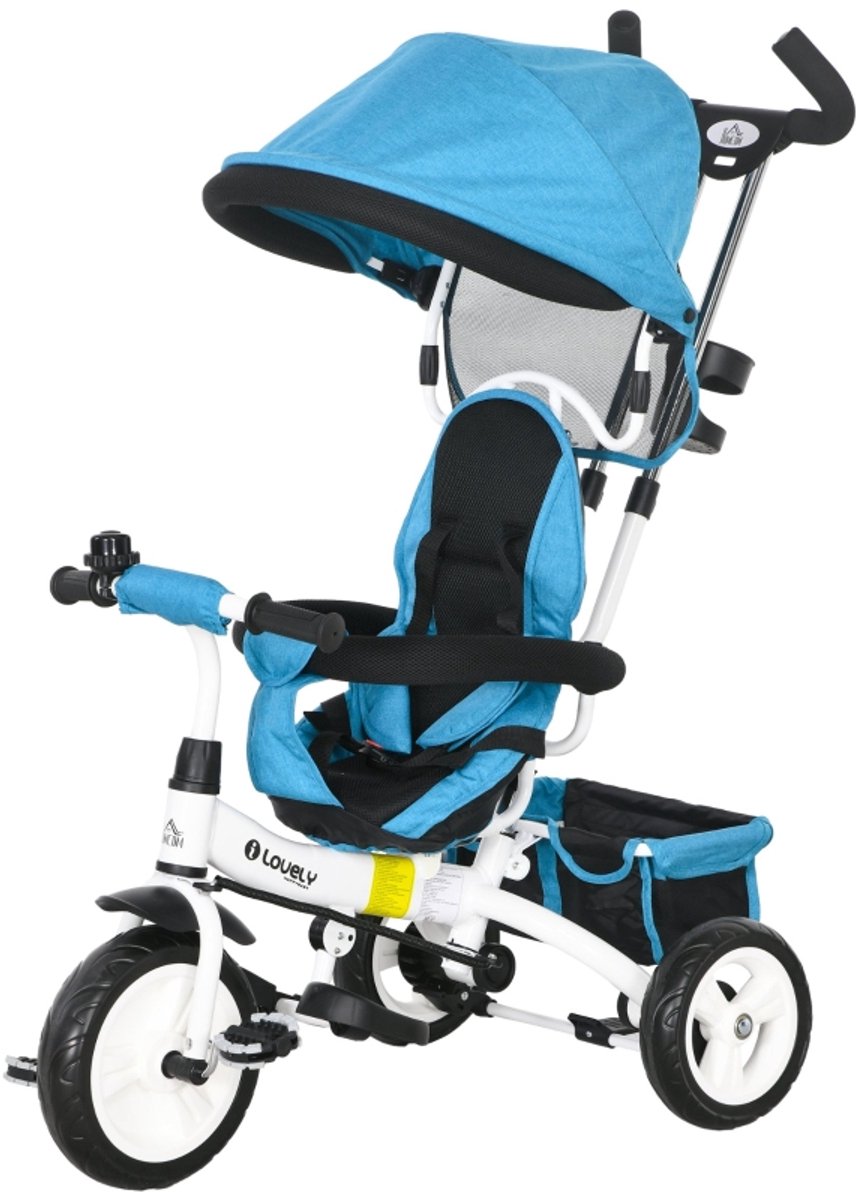 6 in 1 driewieler met duwstang afneembaar zonnedak 5 punts veiligheidsgordel opbergmand bekerhouder voor kinderen van 1 5 jaar blauw