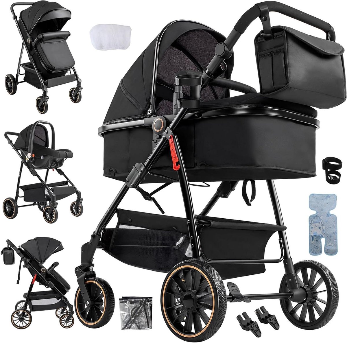 Baby Kinderwagen 3-in-1 - Driewieler Pram - Baby Vervoer - Omkeerbare Zitting - 84x58x100 cm - Zwart Driewieler kopen online