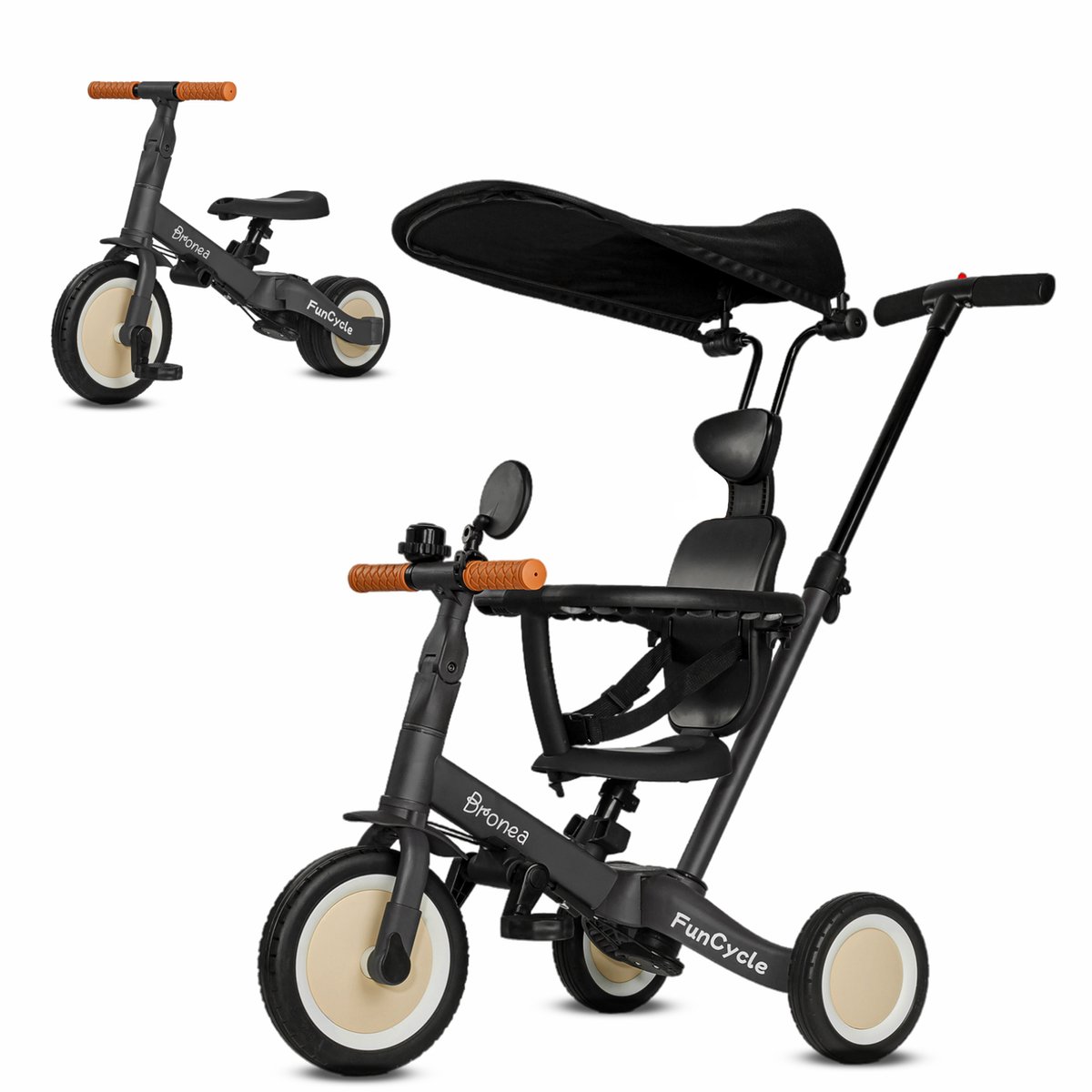BRONEA® 5-in-1 driewieler vanaf 1 jaar met duwstang | Groeit met je kind mee van driewieler tot loopfiets | Met veiligheidstuigje, zonnedak & accessoires zoals drinkbekerhouder, spiegel, bel | Grey Driewieler kopen online
