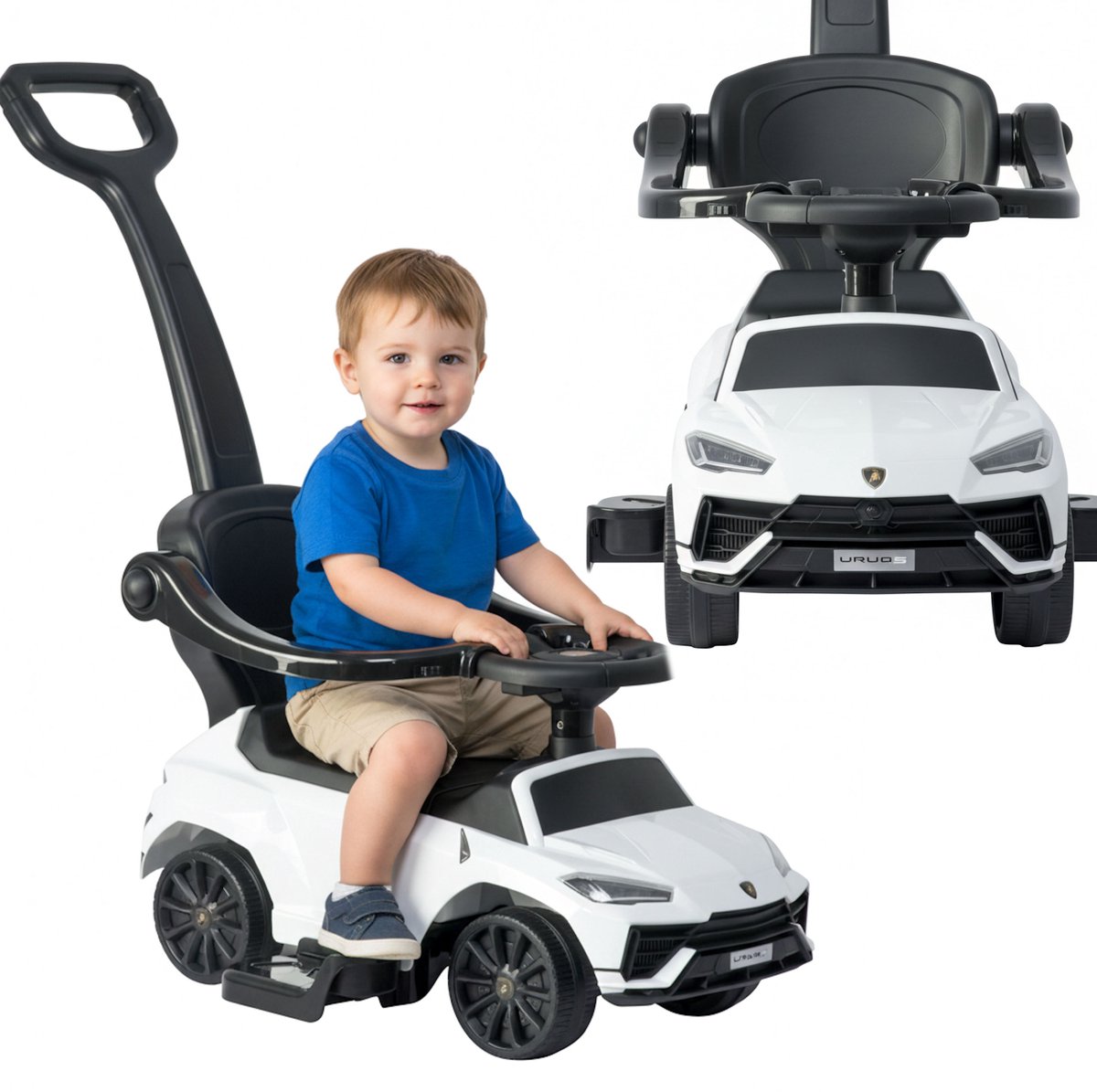 COIL Loopauto Lamborghini URUS – 3-in-1 Kinder Loopauto met Duwstang - Baby Loopwagen met Stuur - vanaf 1 jaar - Wit Loopauto kopen online