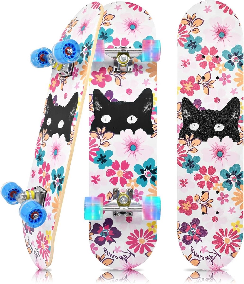 Compleet Skateboard - Beginners Board - Straat Gebruik - Kleurrijke Knipperwielen - 31x7.8 Inch - Bloem Kat Skateonderdeel kopen online