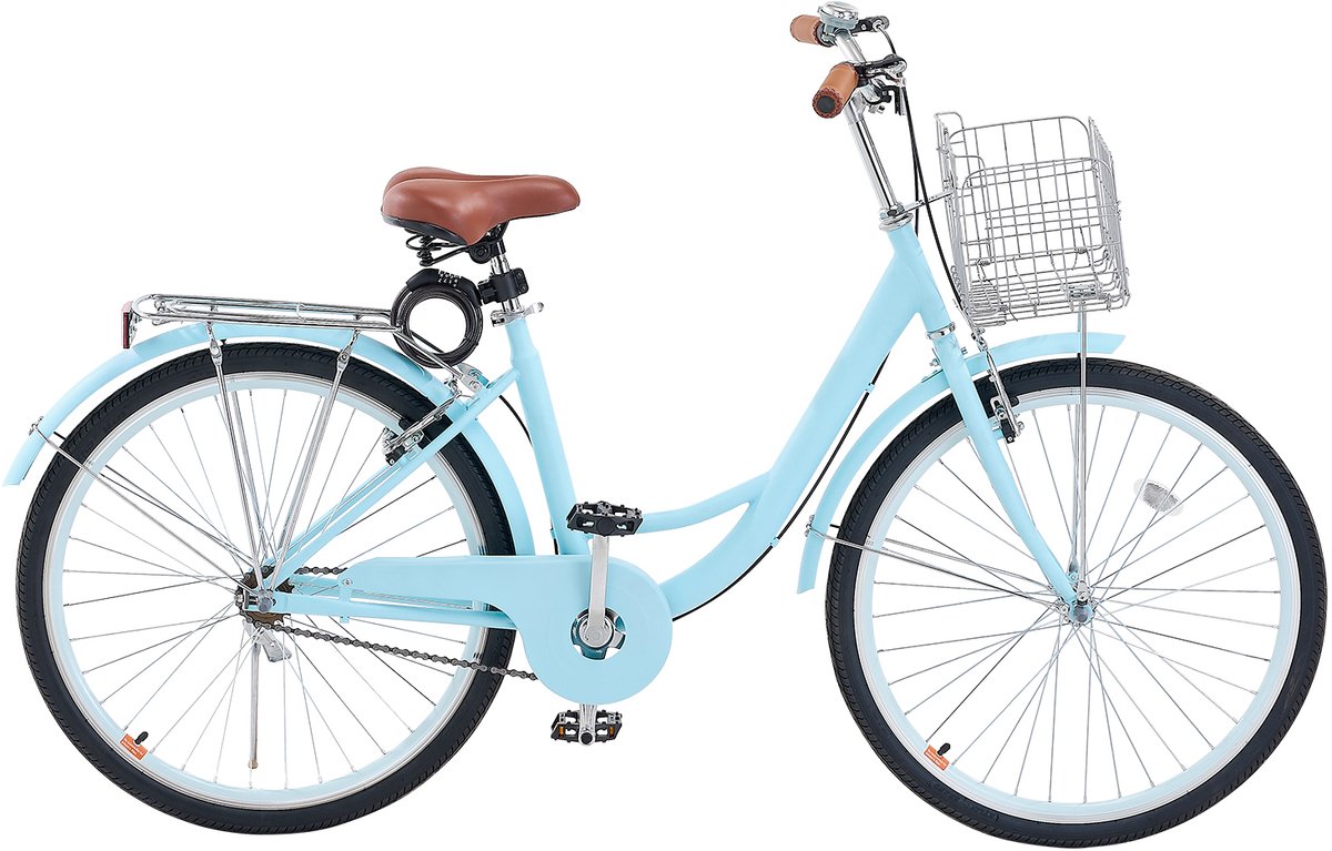 cruiser fiets 1 versnelling 66 cm frame lichtblauw met mand en bagagedrager verstelbaar zadel geschikt voor dagelijks gebruik