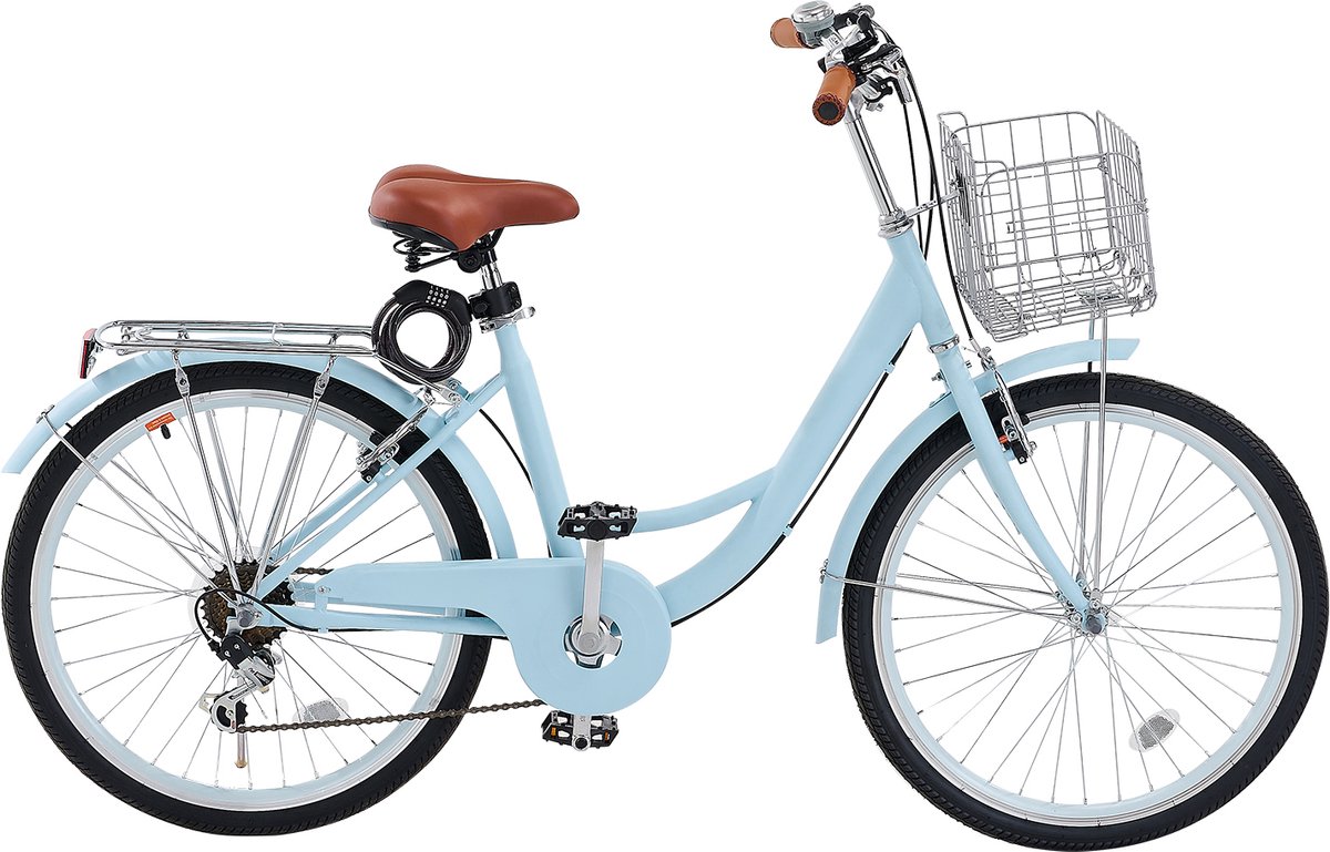 Cruiser Fiets, 7 Versnellingen 66 Cm Frame - Lichtblauw Met Mand en Bagagedrager - Duurzame Fiets voor Dagelijks Gebruik Fiets kopen online