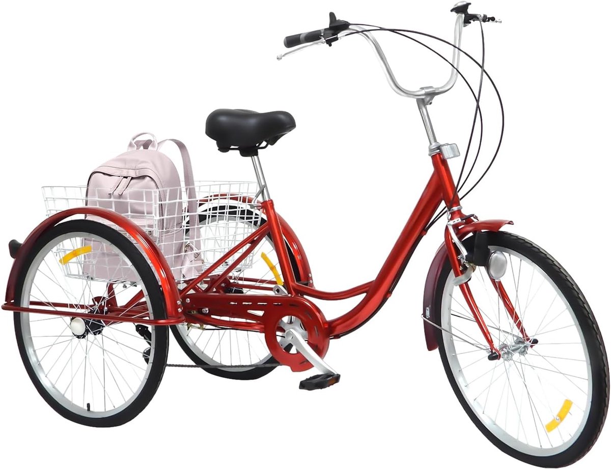 Driewieler voor volwassenen - Seniorenfiets boodschappenfiets - Comfortabel vervoer - Grote boodschappenmand - 24 Inch wielen - Rood Driewieler kopen online