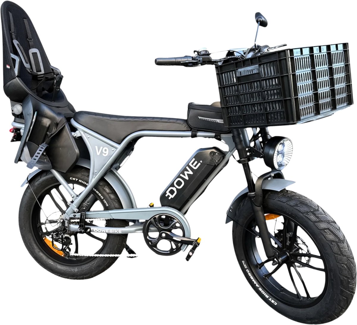 Elektrische Fatbike met Kinderzitje + Krat – Dowe V9 Nardo Grijs - 17.5Ah Accu - 250W - 25Kmh - Family fatbike - 100% Legaal Fiets (elektrisch) kopen online