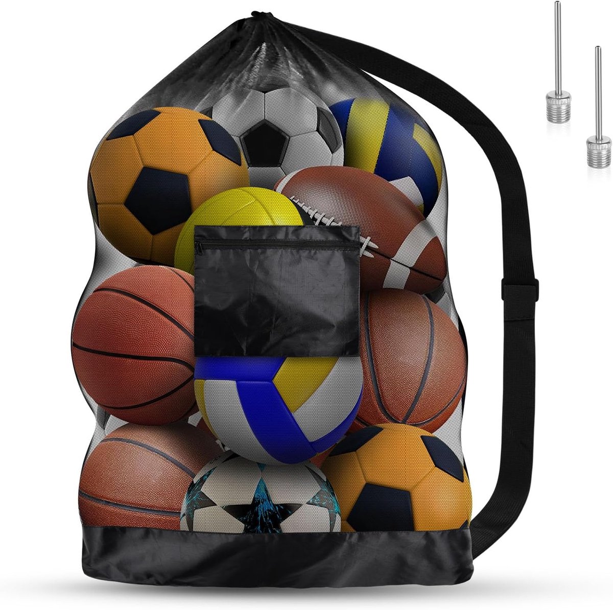 grote mesh voetbaltas met trekkoord en schouderriem stevig en geschikt voor rugby en volleybal