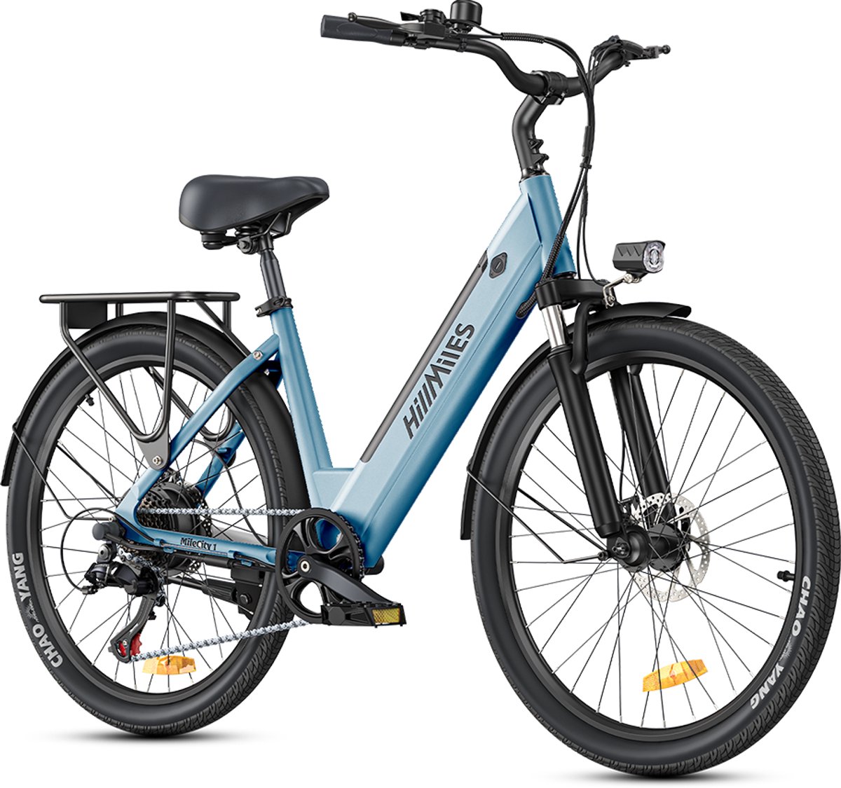 hillmiles milecity 1 elektrische fiets motor 250w actieradius 80km verwijderbare batterij 36v13ah shimano 7 versnellingen 26 inch city commuter ebike blauw