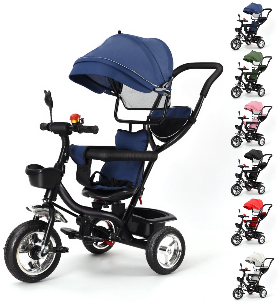 jently driewieler driewieler met duwstang kinderwagen draaibare zitting inklapbare luifel donkerblauw