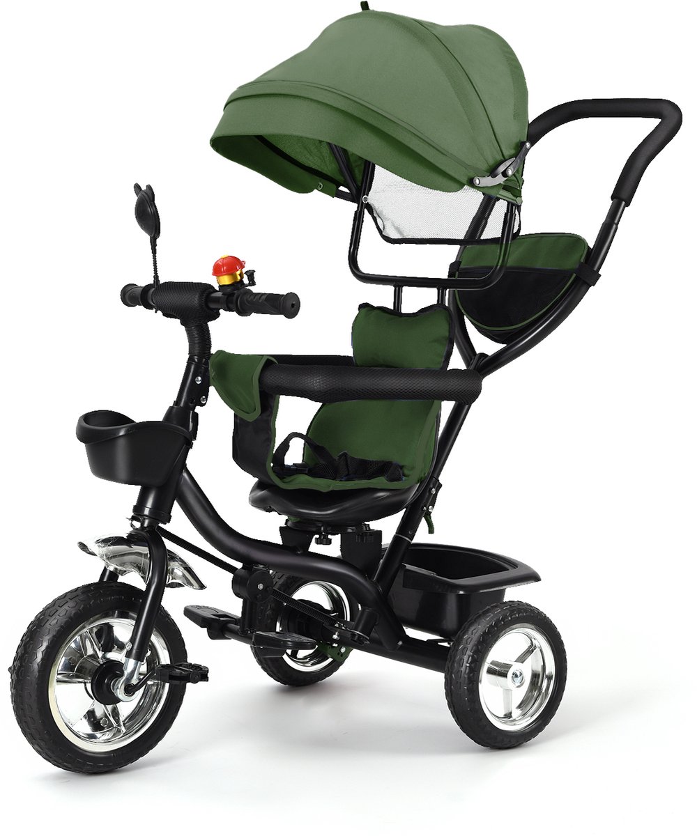 Jently driewieler - driewieler met duwstang - kinderwagen - draaibare zitting - inklapbare luifel - donkergroen Driewieler kopen online