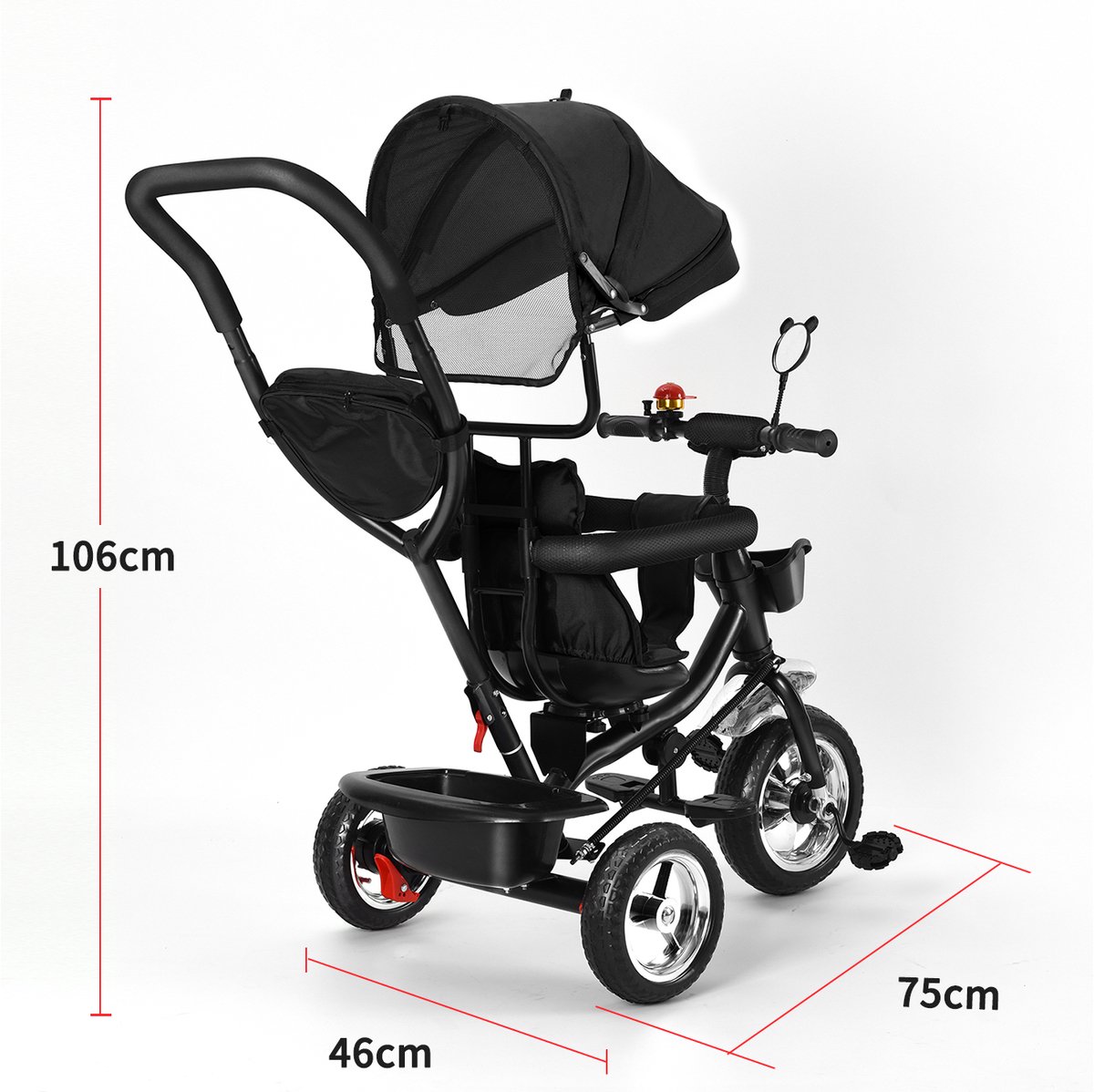Jently driewieler - driewieler met duwstang - kinderwagen - draaibare zitting - inklapbare luifel - zwart Driewieler kopen online