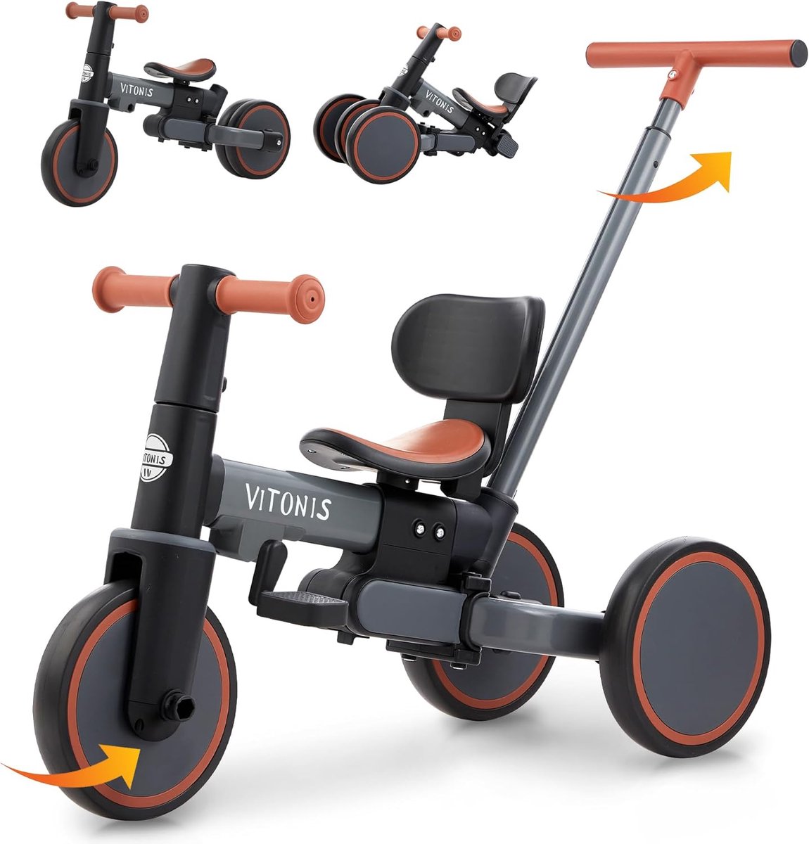 kinderdriewieler loopfiets kindervoertuig vanaf 1 jaar buiten spelen 5 in 1 groei model geschikt tot 5 jaar grijs