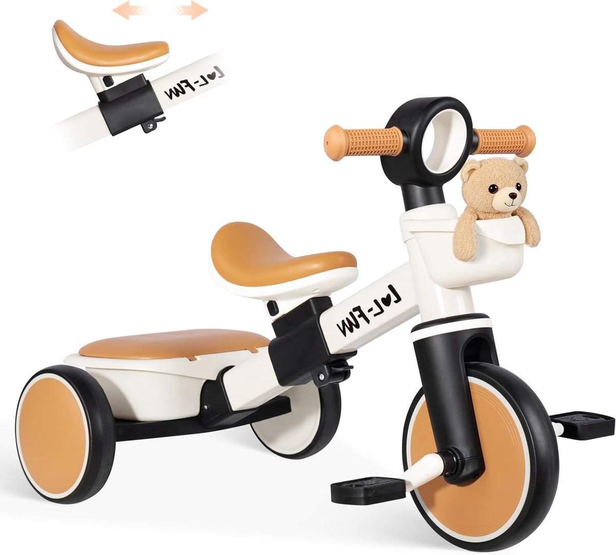 kinderdriewieler loopfiets met pedalen buiten spelen met opbergmand 73 x 44 x 50 cm bruin