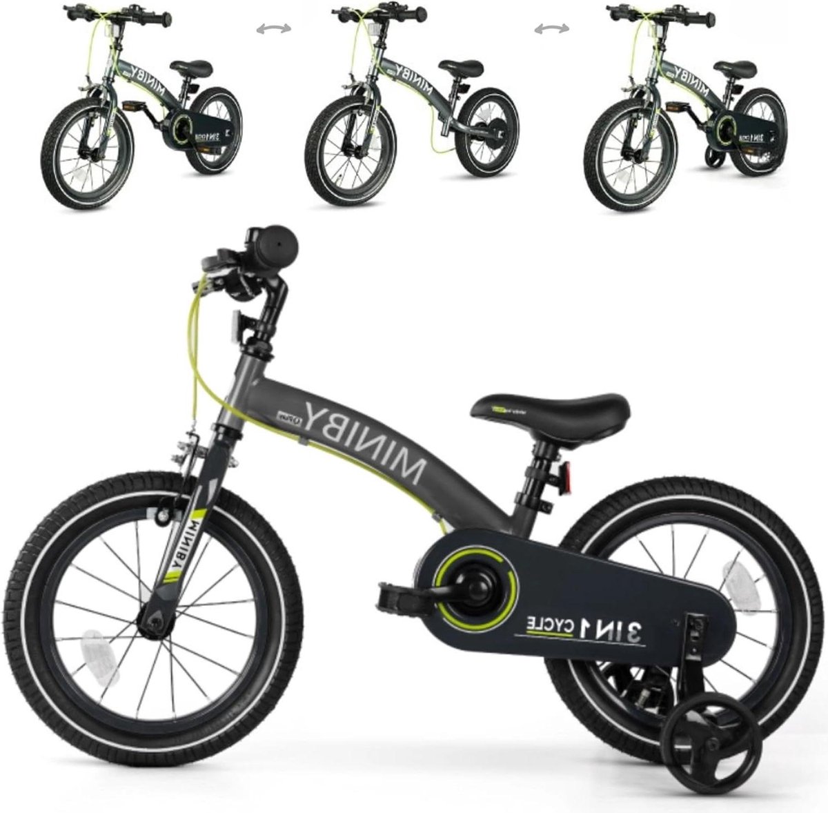 kinderfiets loopfiets kinderen kind ontwikkeling groeiend mee 14 inch wielen grijs