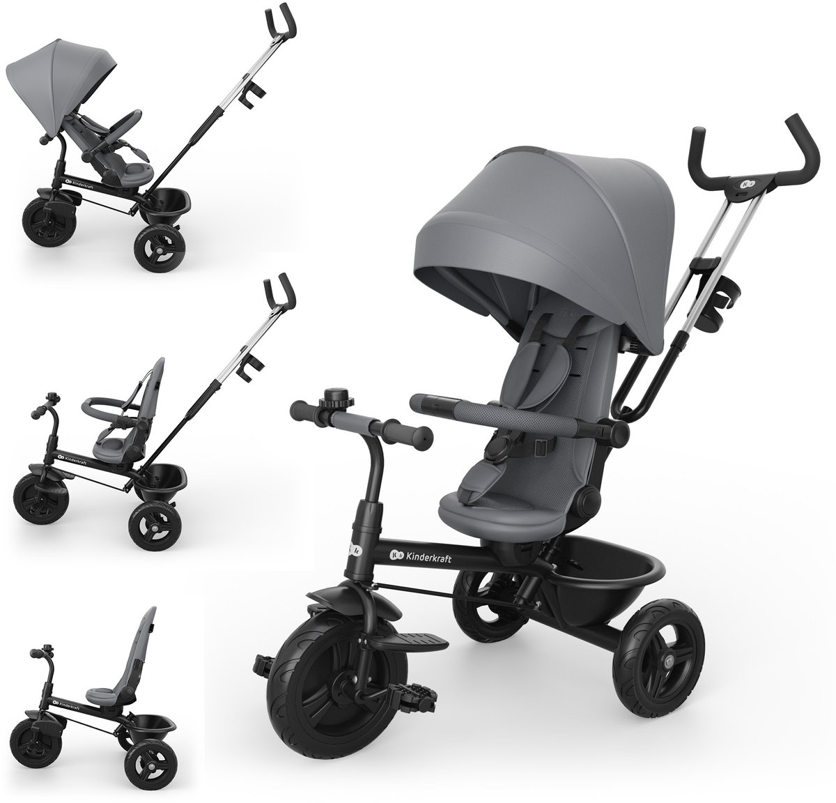 kinderkraft aston 2 plus driewieler 9 maanden tot 5 jaar draaibare zitting vrijloopfunctie inklapbare kap grijs