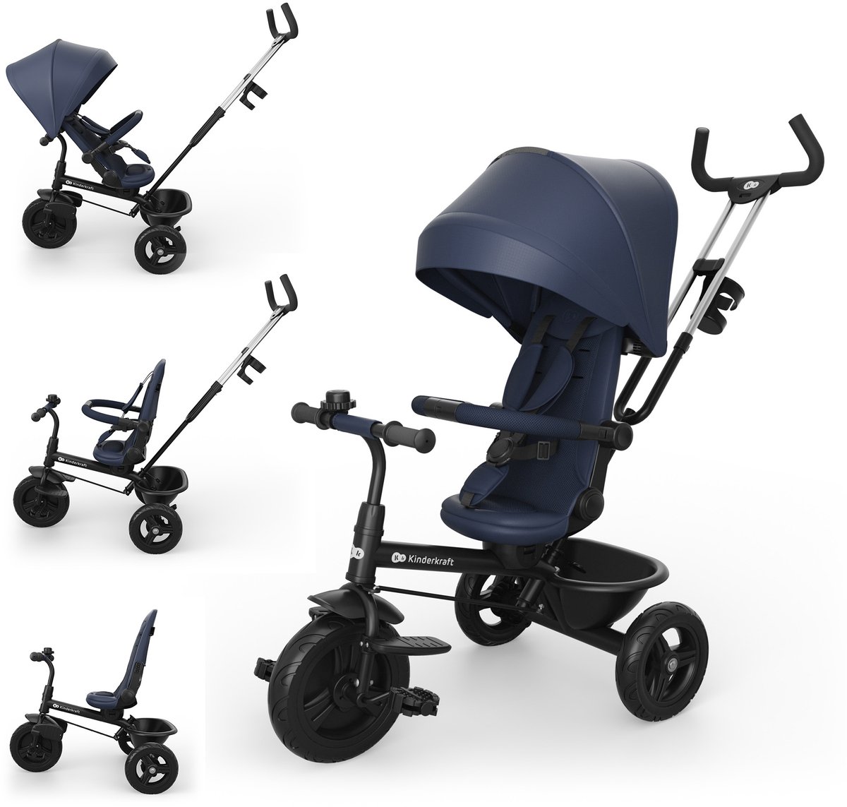 Kinderkraft ASTON 2 PLUS Driewieler – 9 maanden tot 5 jaar – Draaibare Zitting – Vrijloopfunctie – Inklapbare Kap – Navy Driewieler kopen online