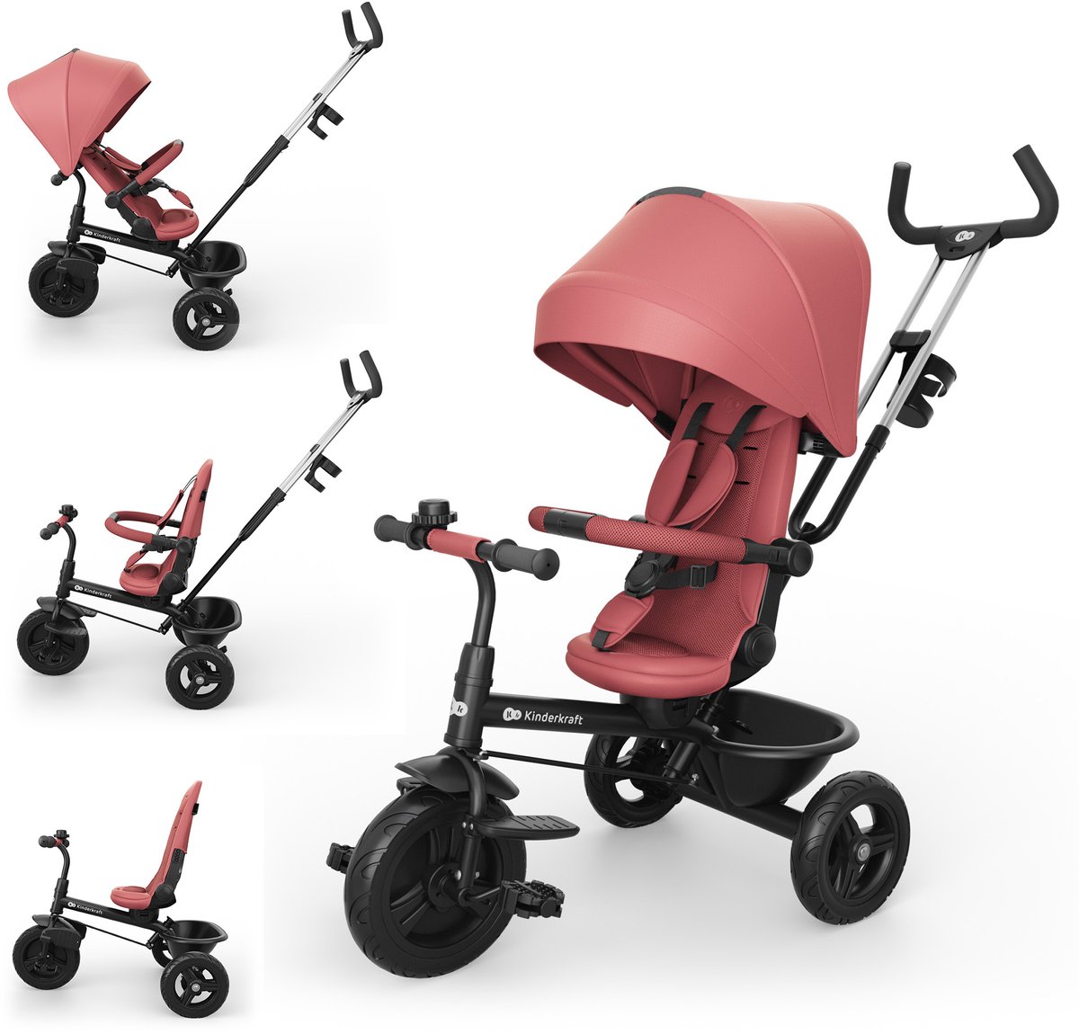 Kinderkraft ASTON 2 PLUS Driewieler – 9 maanden tot 5 jaar – Draaibare Zitting – Vrijloopfunctie – Inklapbare Kap – Roze Driewieler kopen online