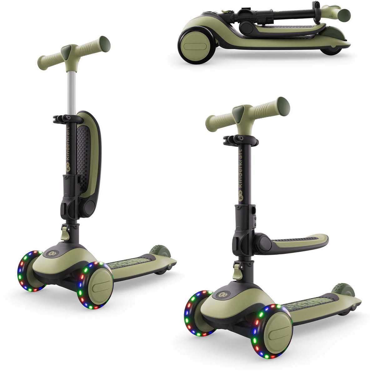 Kinderkraft HALLEY 2 2-in-1 Loopfiets en Driewieler Step - Voor Kinderen van 1-5 Jaar, Max 50 kg - Verstelbaar Zadel en Stuur, Opvouwbaar, LED Wielen - Groen Step kopen online