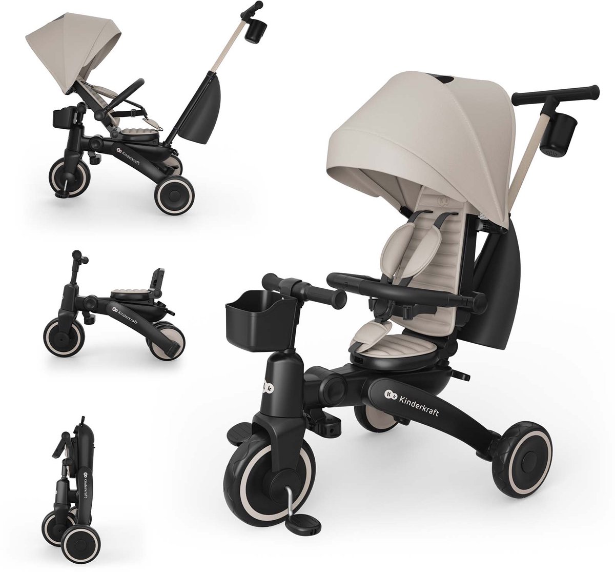 kinderkraft jazz 3 driewieler 9 maanden tot 5 jaar inklapbaar lichtgewicht 360 draaibare click twist stoel verstelbare oudergreep zonnekap beige