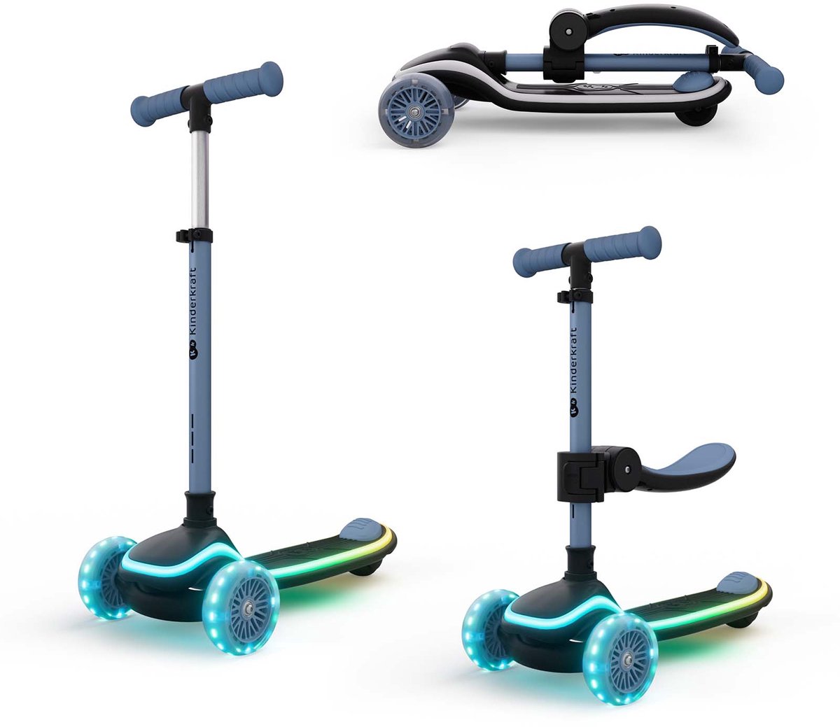 Kinderkraft RAKET UP 2-in-1 Loopfiets en Driewieler Step - 3-Wiel kinderstep - vanaf 2 jaar tot 50 kg - Wielen met RGB LED's - Opvouwbaar in 2 seconden - Verstelbaar stuur - Bleuw Step kopen online