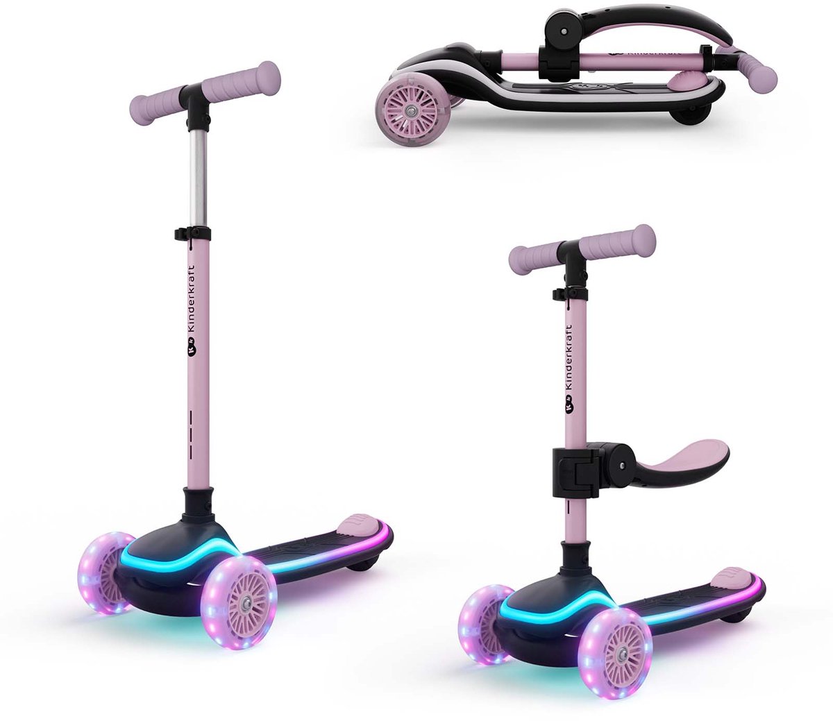 Kinderkraft RAKET UP 2-in-1 Loopfiets en Driewieler Step - 3-Wiel kinderstep - vanaf 2 jaar tot 50 kg - Wielen met RGB LED's - Opvouwbaar in 2 seconden - Verstelbaar stuur - Roze Step kopen online