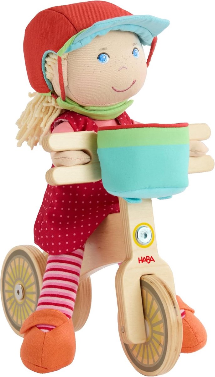 Loopfiets met pop - Houten fiets - Buiten spelen - Dubbel wiel - 25 x 33 x 16 cm - Meerkleurig Loopfiets kopen online