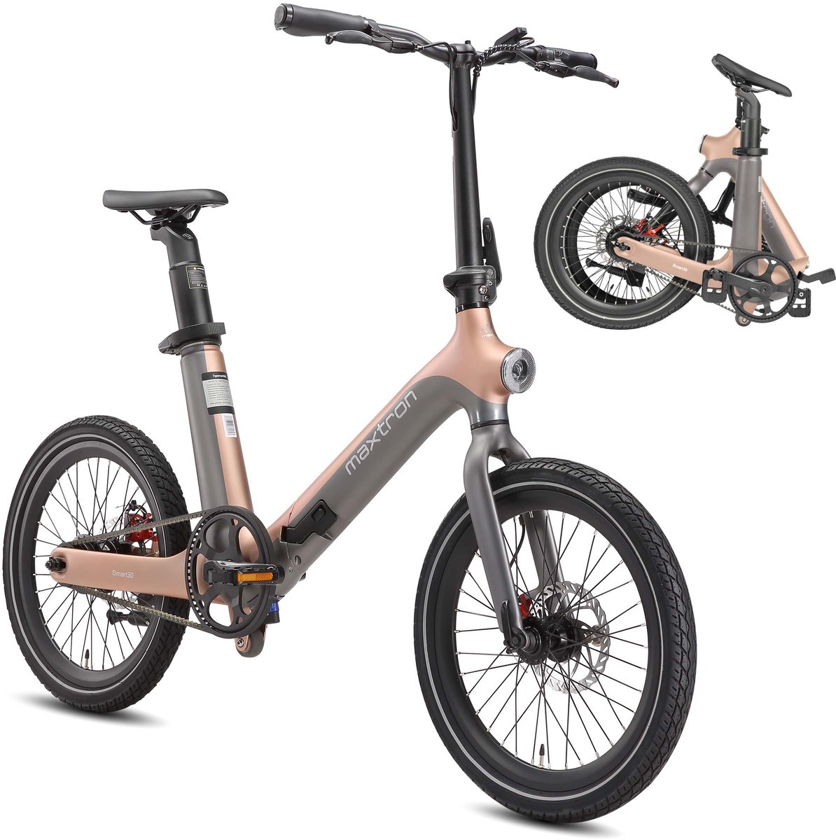 maxtron smart30 elektrische fiets 20 inch opvouwbare e bike 36v 9 6ah accu actieradius tot 60 km schijfremmen stadsfiets goudgrijs