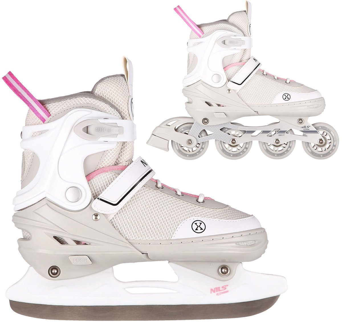 nils extreme nh18188 2 in 1 inline en schaatsen maat s 29 33 grijs roze