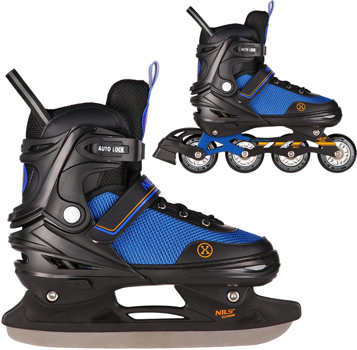 nils extreme nh18188 rolschaatsen en ijsschaatsen 2 in 1 hardshell zwart oranje
