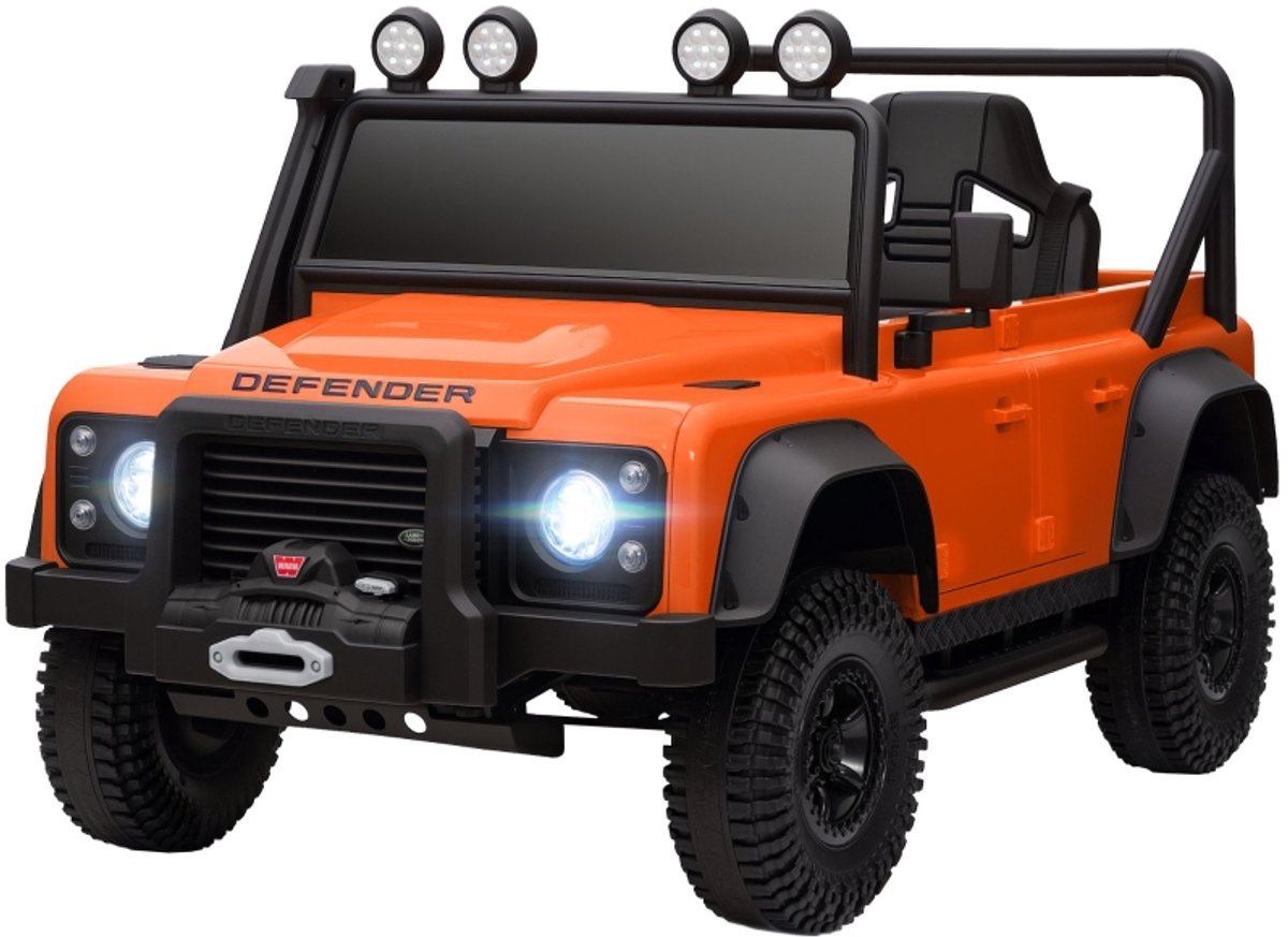 officieel land rover defender elektrisch kinderauto 12v met afstandsbediening led verlichting muziek claxon oranje