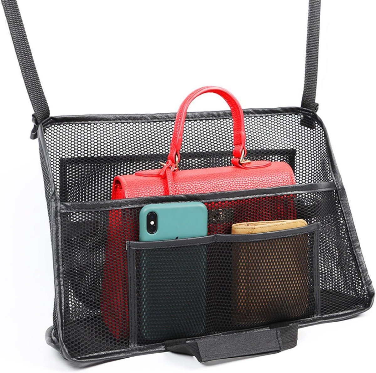 opbergtas voor aan de voorstoel en voor het kinderzitje beschermingsnet voor de deur en veiligheidsnet voor de achterstoelen