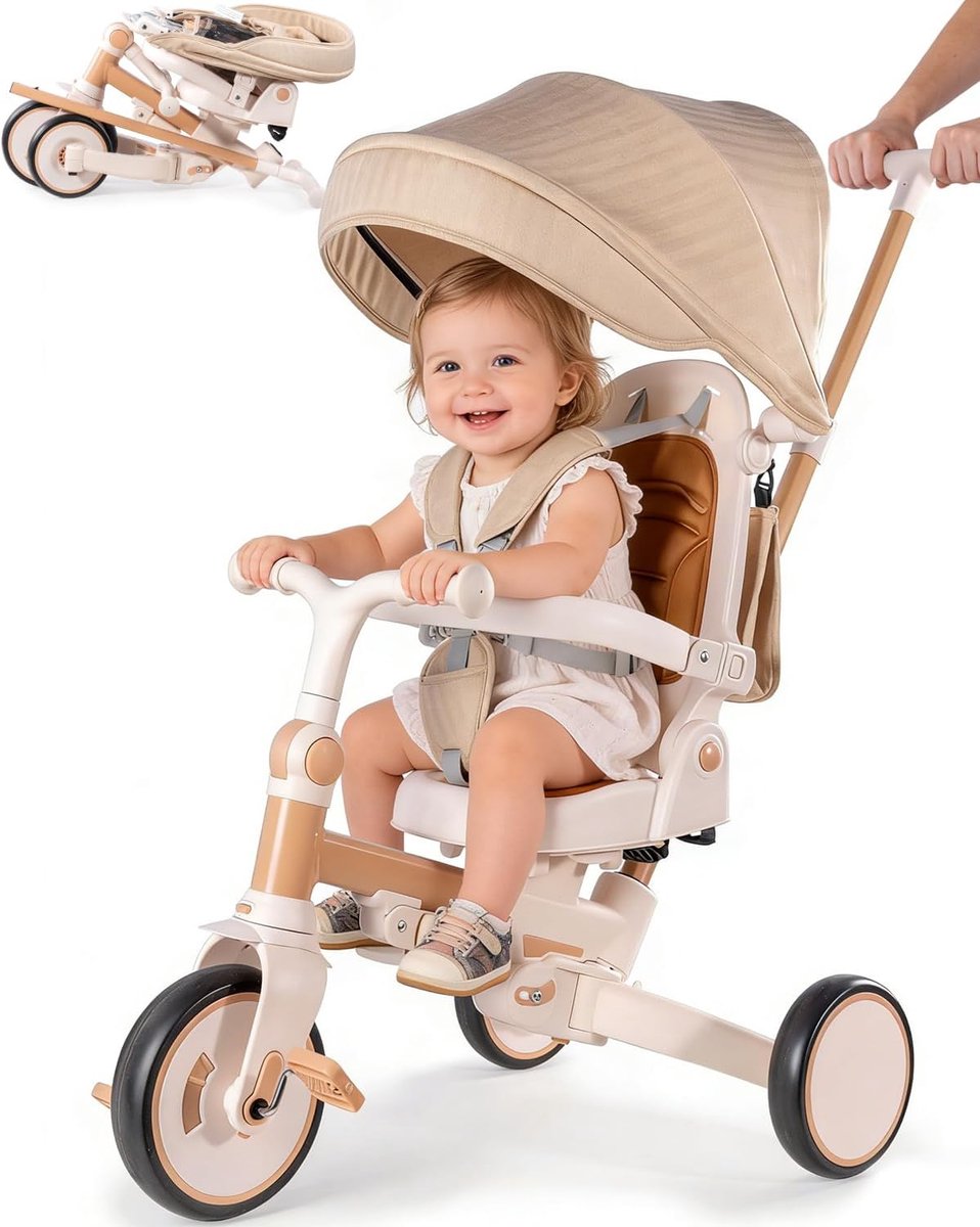 Opvouwbare Driewieler - Push Bike - Voor Peuters - 7-in-1 Multifunctioneel - 1-3 Jaar - Lichtbruin Driewieler kopen online