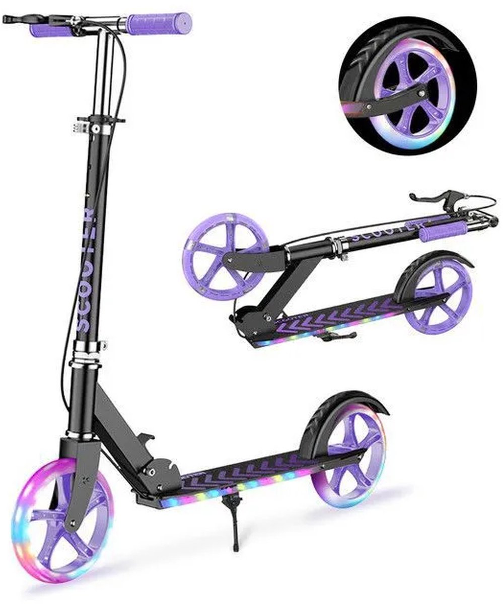 opvouwbare step verstelbaar stuur 20 cm wielen met verlichting dubbel remsysteem draagvermogen 100 kg kinderen en volwassenen paars