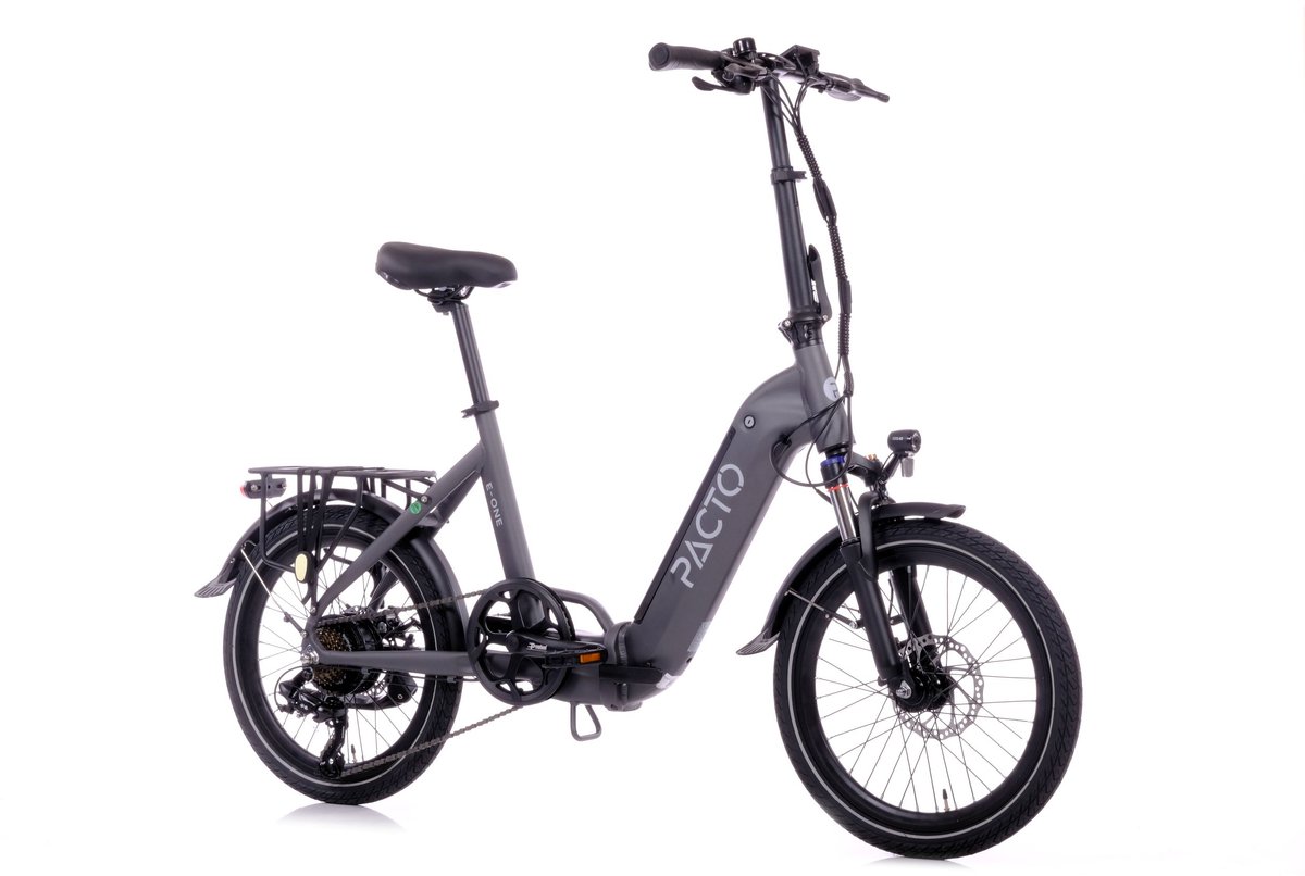 pacto e one elektrische vouwfiets lage instap shimano 7 speed schijfremmen grijs