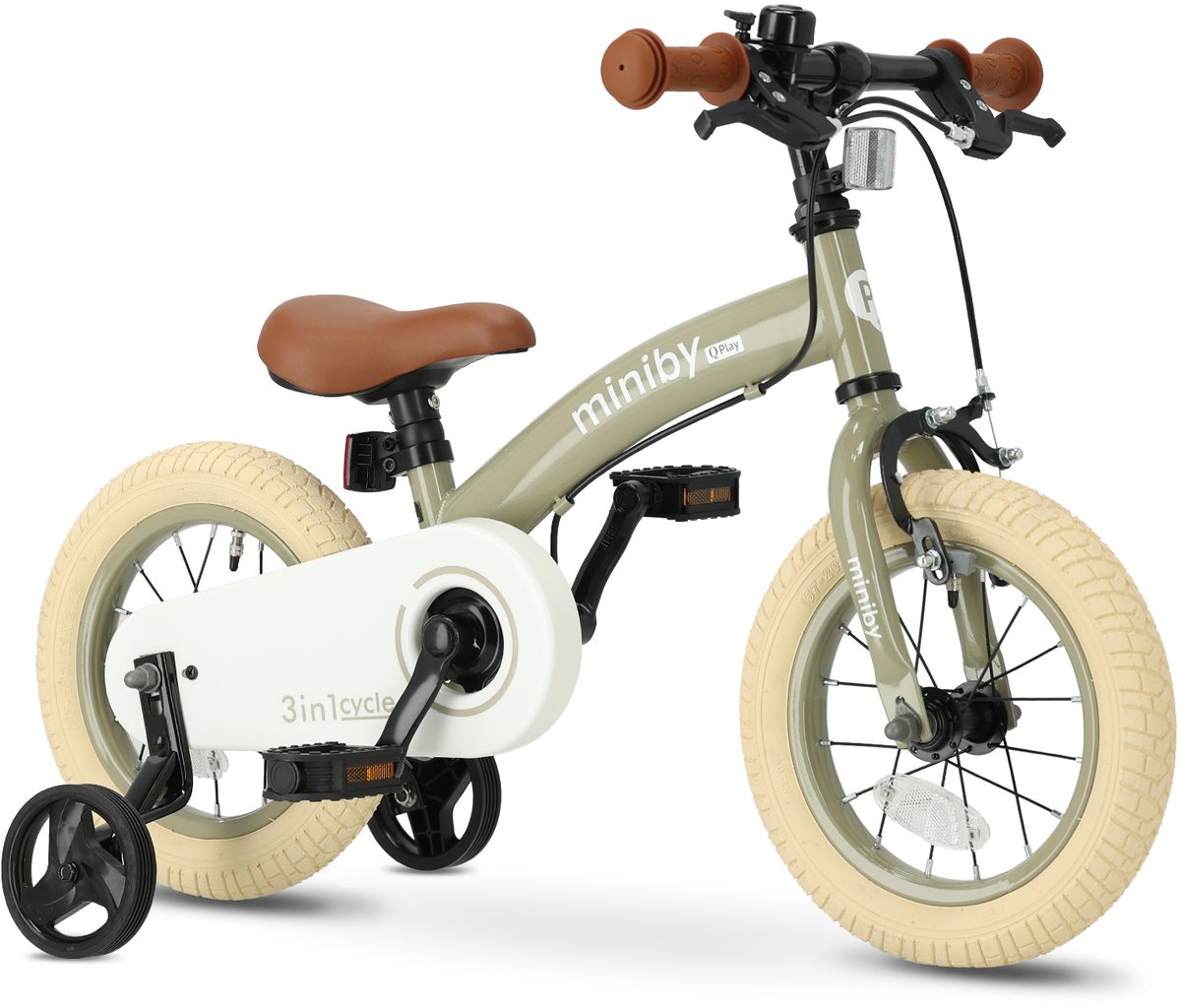 Qplay Miniby Kinderfiets 12 inch - 3 in 1 - loopfiets - Olijfgroen Kinderfiets kopen online