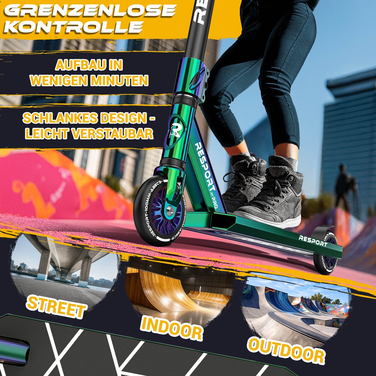 RE:SPORT Revo Pro Stuntstep, voor kinderen en volwassenen, met standaard, 110 mm, PU-wielen en Y-bar, ABEC 9 kogellagers, cybergroen Step kopen online